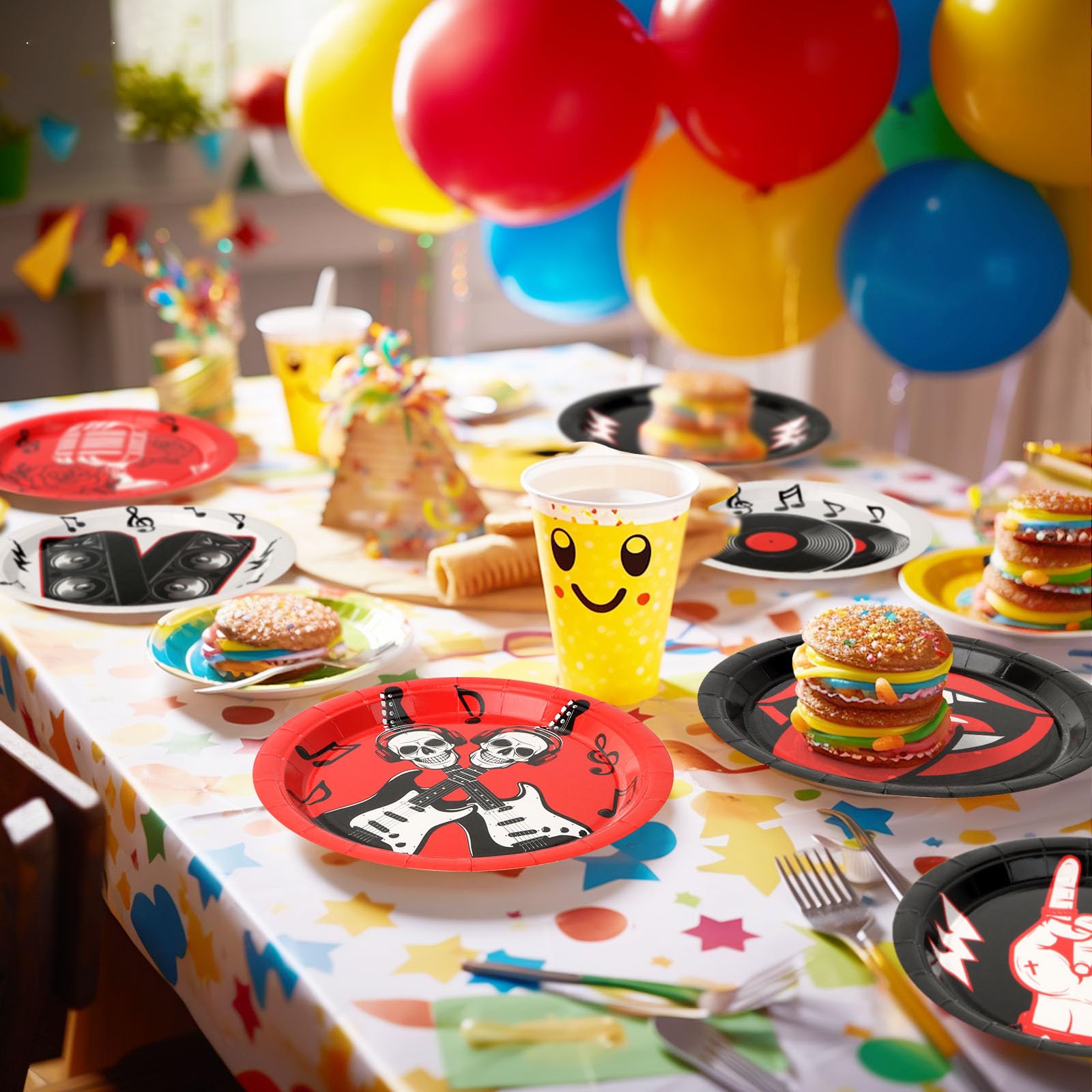 CLIYTICA 72Pcs Rock Party Paper Plates,1950's Record Dessert Plates,Disposable Music Birthday Tableware Set for Anniversary 50s 60s Theme Parties