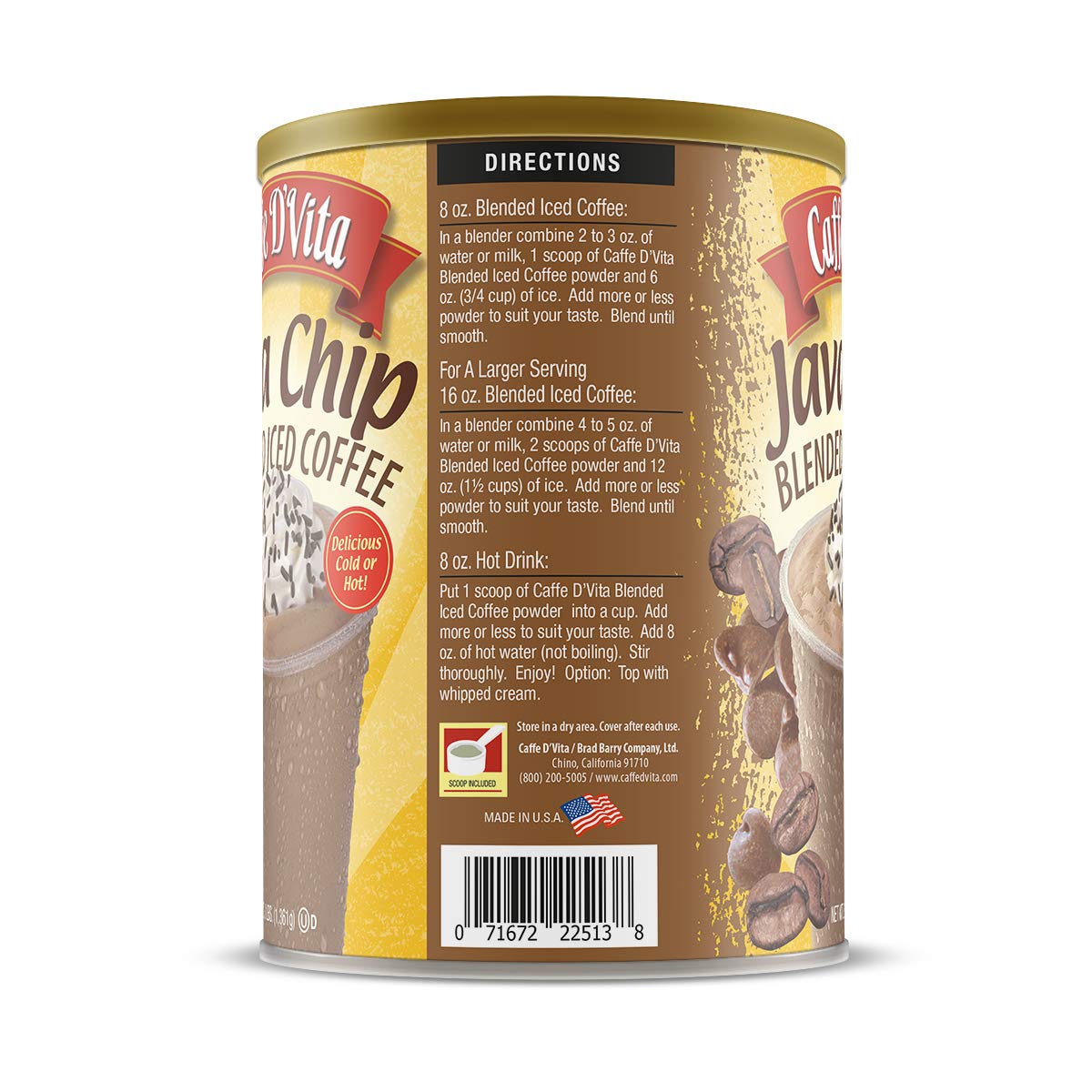 Caffe D'Vita Java Chip Latte Blended Ice Coffee - Java Chip Frappe Mix, Blended Iced Coffee Mix, Gluten Free, Low Fat, No Cholesterol, No Hydrogenated