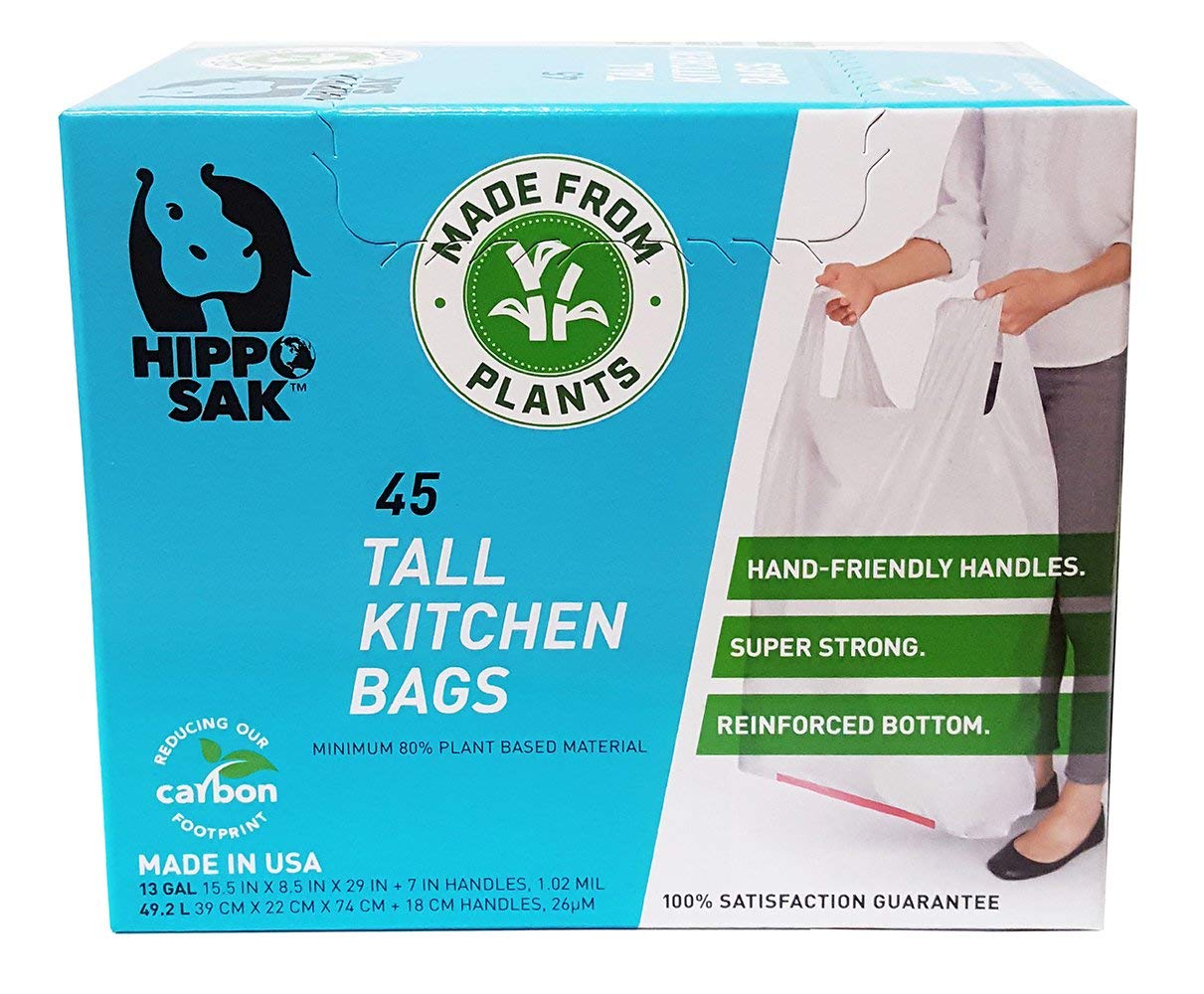 Hippo Sak - Plant Based Tall Kitchen Garbage Bags with Ergonomic Handles - 13 Gallon Trash Bags - Recyclable & Eco Friendly - Super Strong and Leak