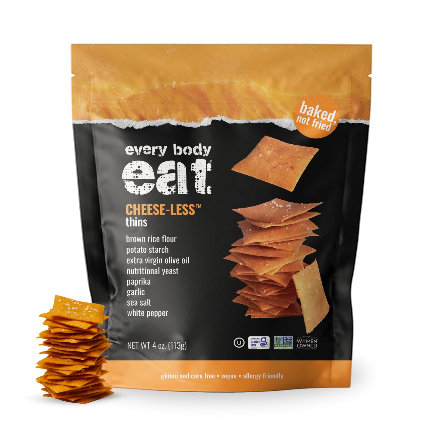Every Body Eat Gluten Free Crackers, Cheese-Less - Vegan Snacks, Dairy Free Cheddar Style Snack Crackers, Seed Oil Free (Pack of 6), 4 oz Bags