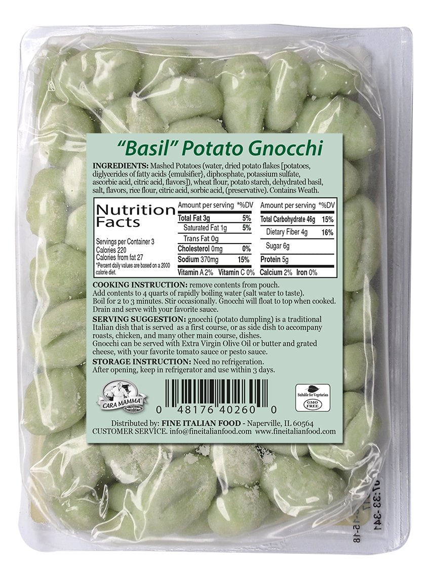 Mantova Cara Mamma Basil Potato Gnocchi (1 lb. Packs - Pack of 6) Imported from Italy