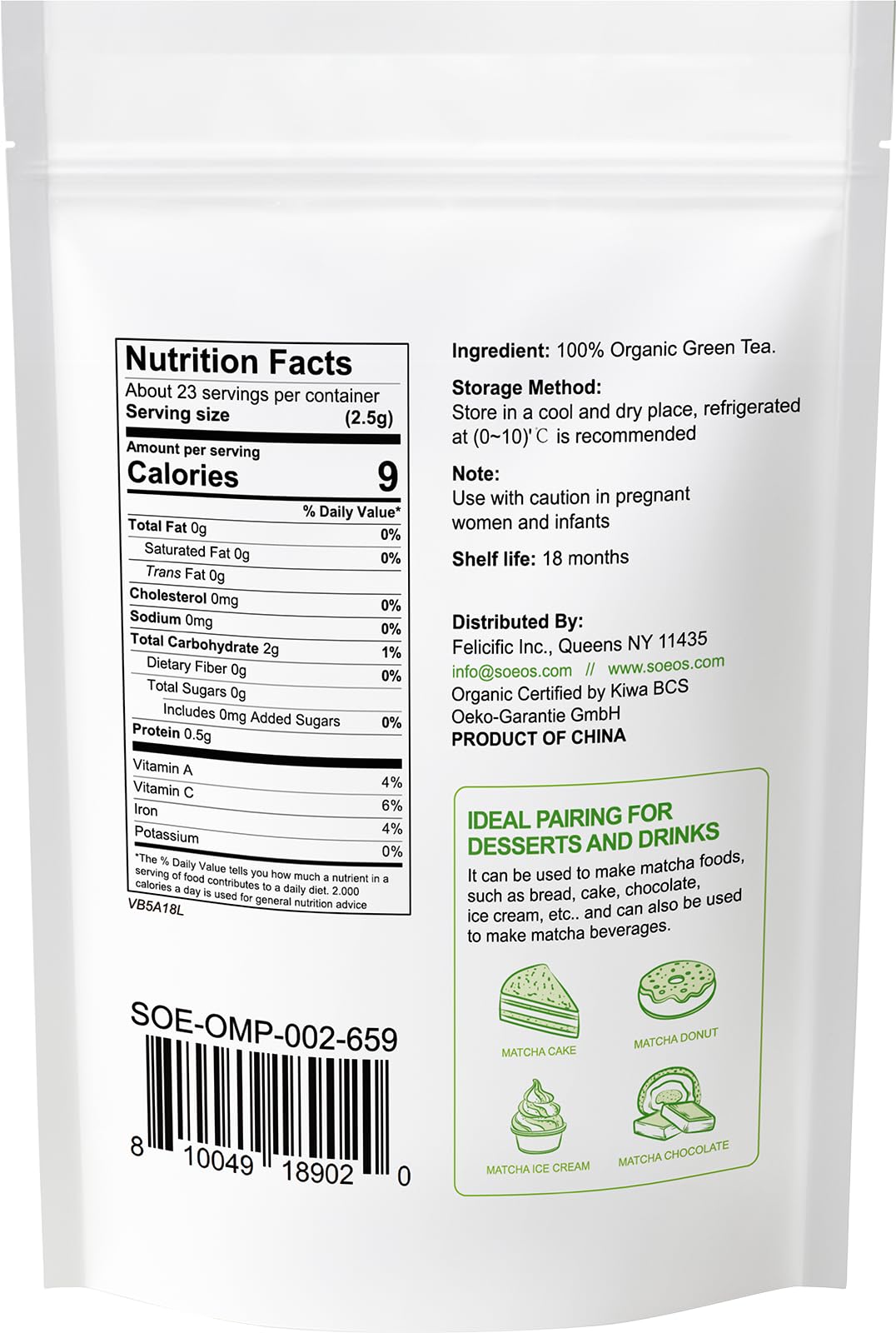 Soeos Organic Matcha Powder, Matcha Green Tea Powder, 2 oz (57g), Antioxidant-Rich Matcha Powder for Lattes, Smoothies and Baking, Recyclable Bags