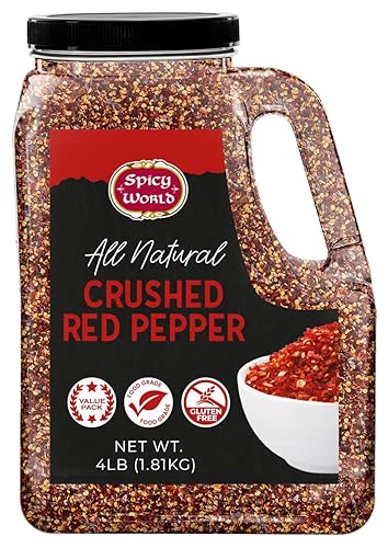 Crushed Red Pepper Flakes 4 LB Bulk Jar (64 Oz) - All Natural, Pure, Chilli Flakes Hot Pepper, Great on Pasta and Pizza by Spicy World - Can Also Be