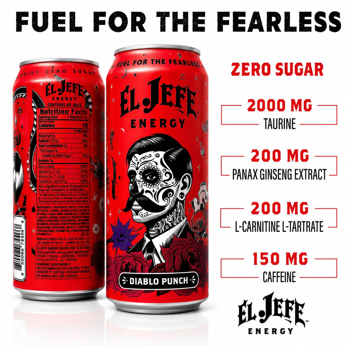 EL JEFE Energy Drink, Diablo Punch, Zero Sugar, 16 fl oz Cans, 12-Pack