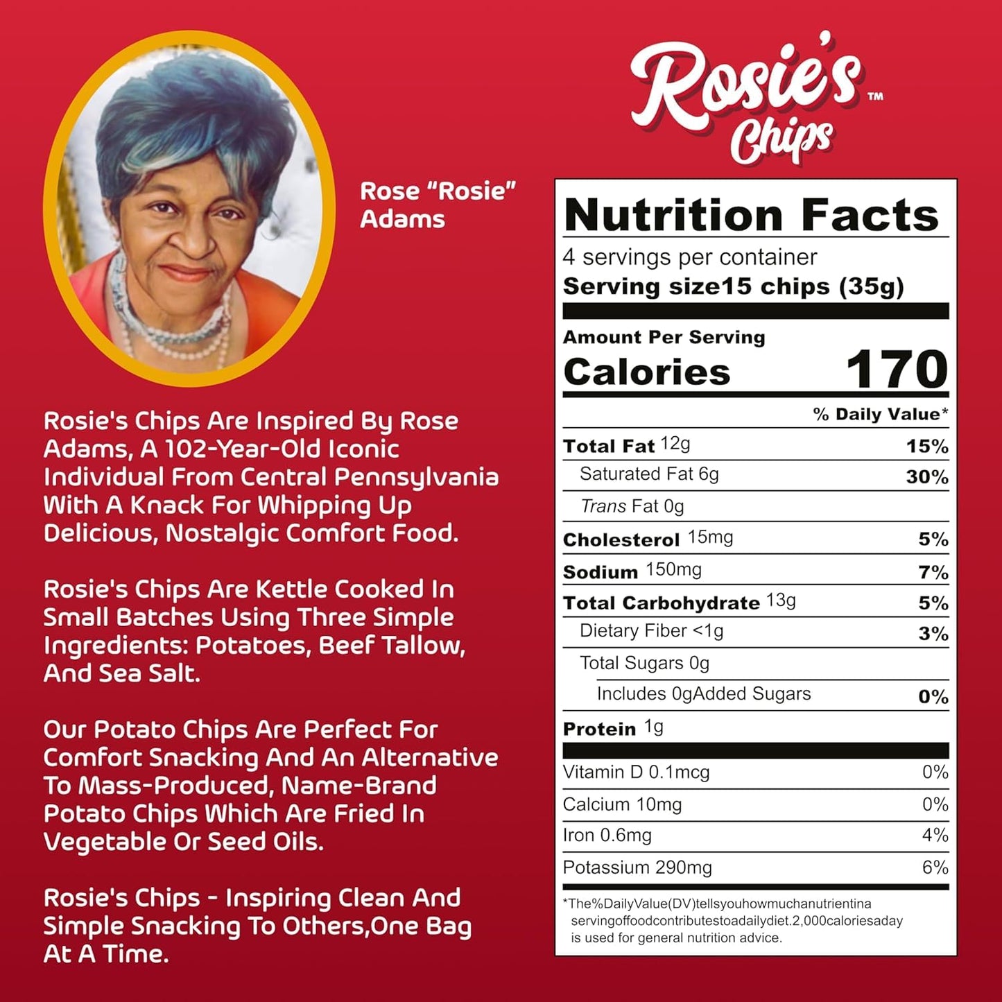 Rosie’s Beef Tallow Chips - Kettle Cooked Potato Chips in Grass Fed Beef Tallow - Non-GMO Idaho Potatoes with Vera Sea Salt - Seed Oil Free Snacks
