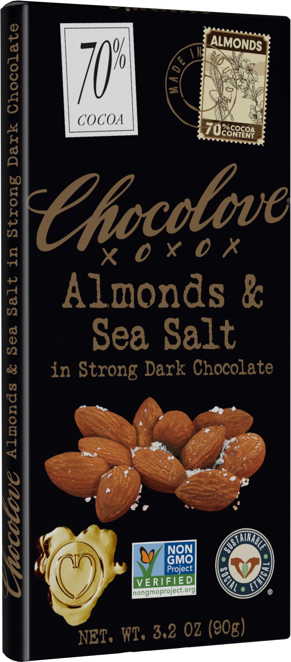 Chocolove, Chocolate Bar Dark Almonds Sea Salt 70%, 3.2 Ounce
