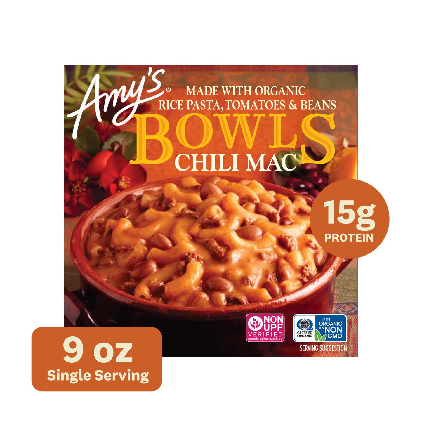 Amy's Frozen Meals, Chili Mac Bowl, Made With Organic Rice Pasta, Tomatoes and Beans, Microwave Meals, 9 Oz