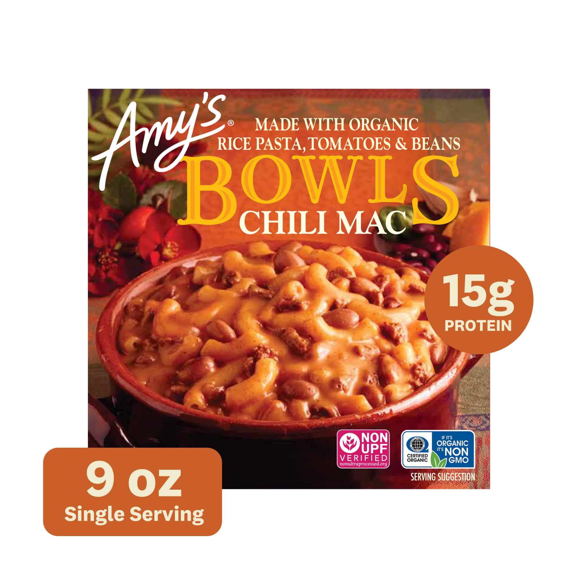 Amy's Frozen Meals, Chili Mac Bowl, Made With Organic Rice Pasta, Tomatoes and Beans, Microwave Meals, 9 Oz