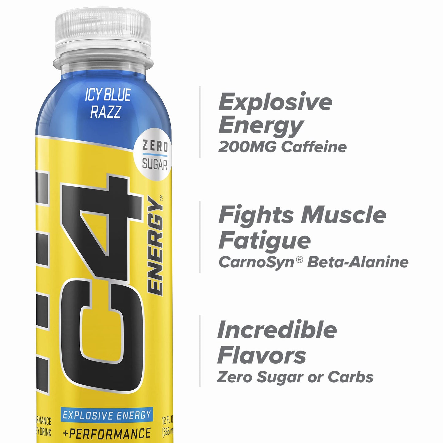 C4 Energy Non-Carbonated Zero Sugar Energy Drink, Pre Workout Drink + Beta Alanine, Icy Blue Razz, 12 Fl Oz (Pack of 12)