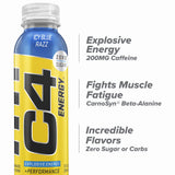 C4 Energy Non-Carbonated Zero Sugar Energy Drink, Pre Workout Drink + Beta Alanine, Icy Blue Razz, 12 Fl Oz (Pack of 12)