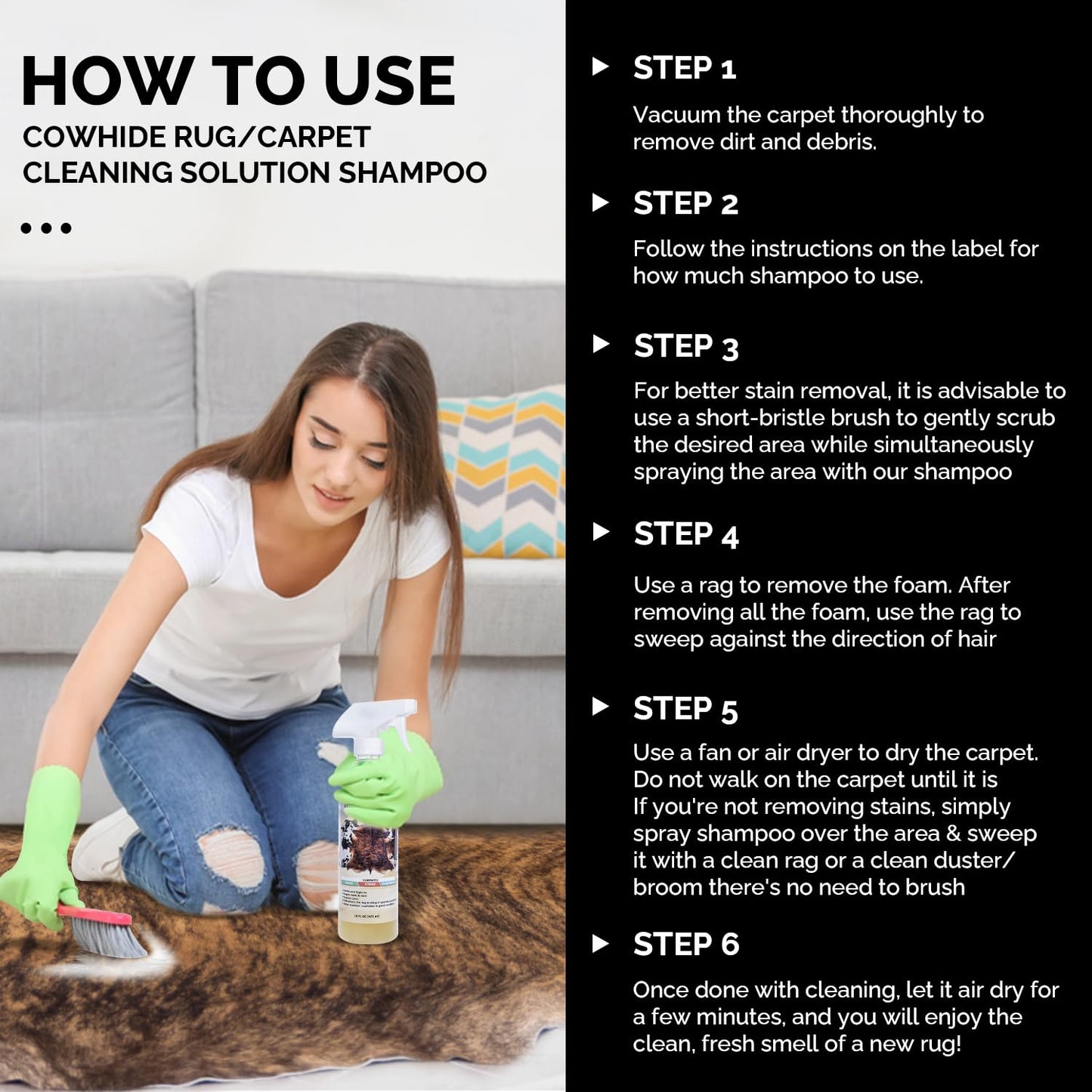 rodeo Cowhide Rug/Carpet Cleaning Solution Shampoo - Cowhide Carpet Spot Cleaner & Rug Cleaner Solution - Deep Cleaning Carpet Cleaner for Hide Rugs