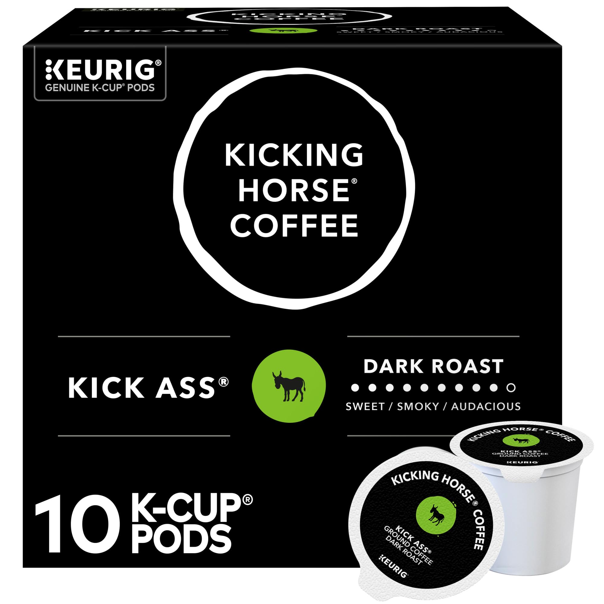 Kicking Horse Coffee, Kick Ass, Single Serve Keurig K-Cup Pods, Dark Roast Coffee, 10-Count Box