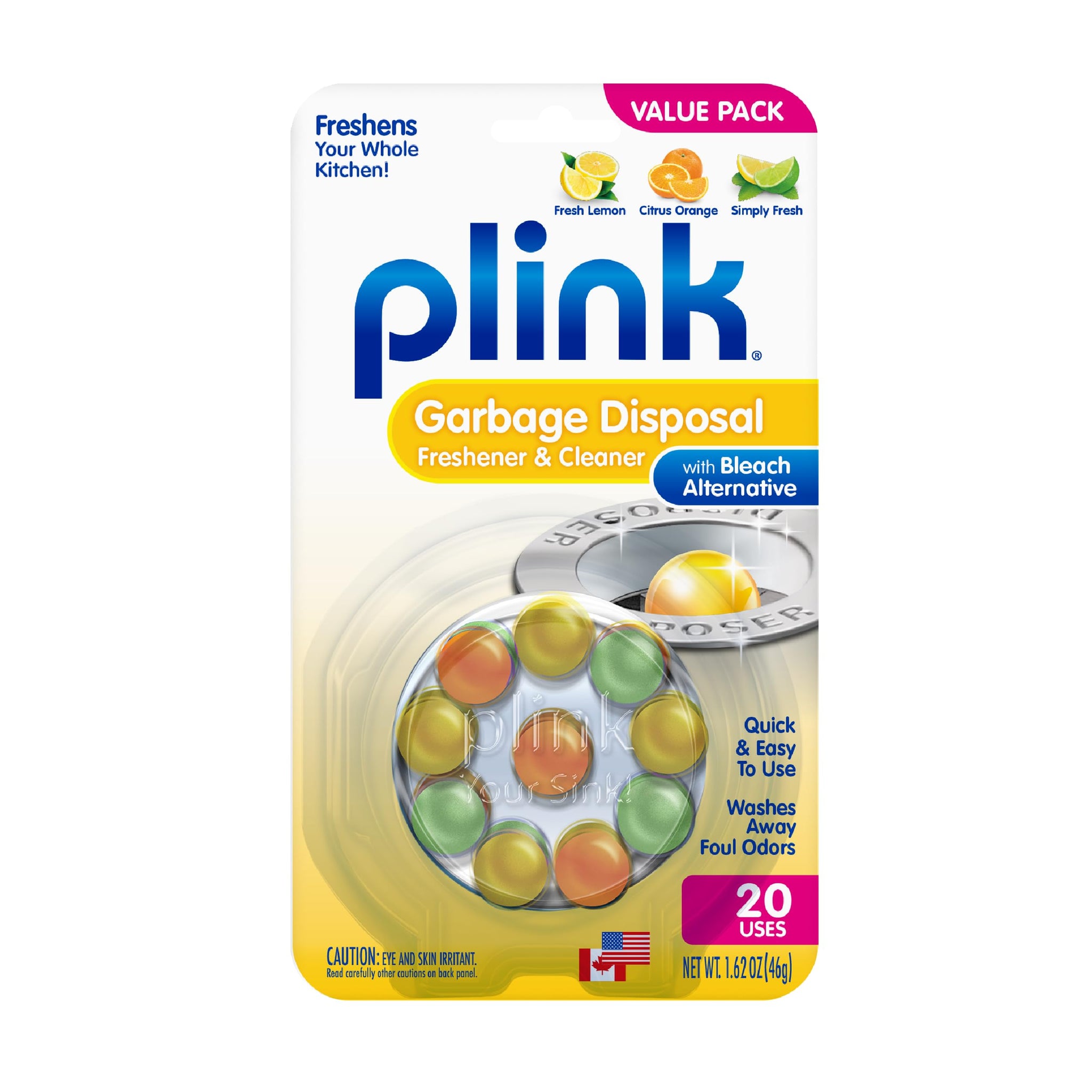 Plink Garbage Disposer Freshener and Cleaner, Sink Disposal Odor Eliminator, Quick and Easy-to-Use Capsules, Septic-Friendly, Citrus Scents, 20 Count