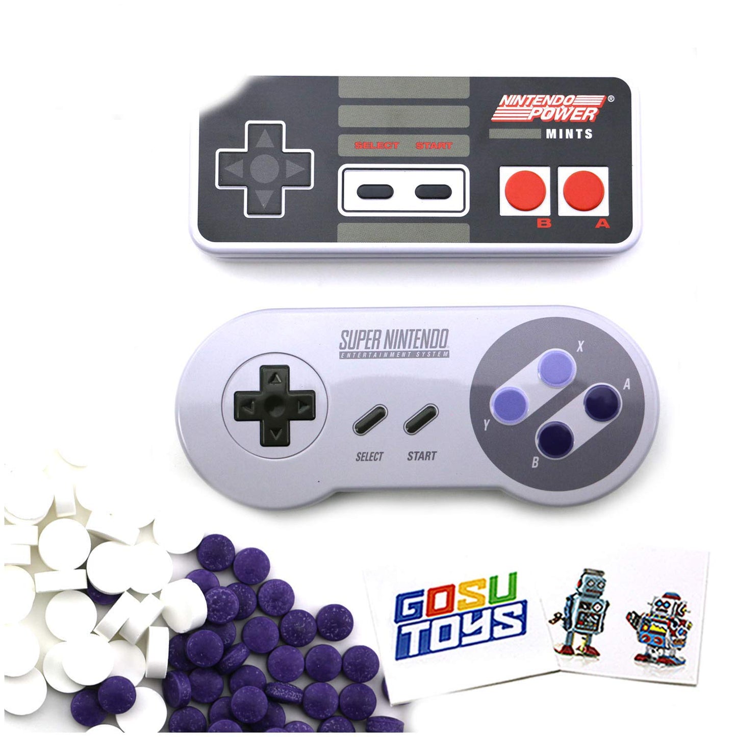 SNES, NES Nintnendo Controller Tin Candy and Mints (2 Pack) Wild Berry and Peppermint Flavor Gift Stuffer with 2 GosuToys Stickers