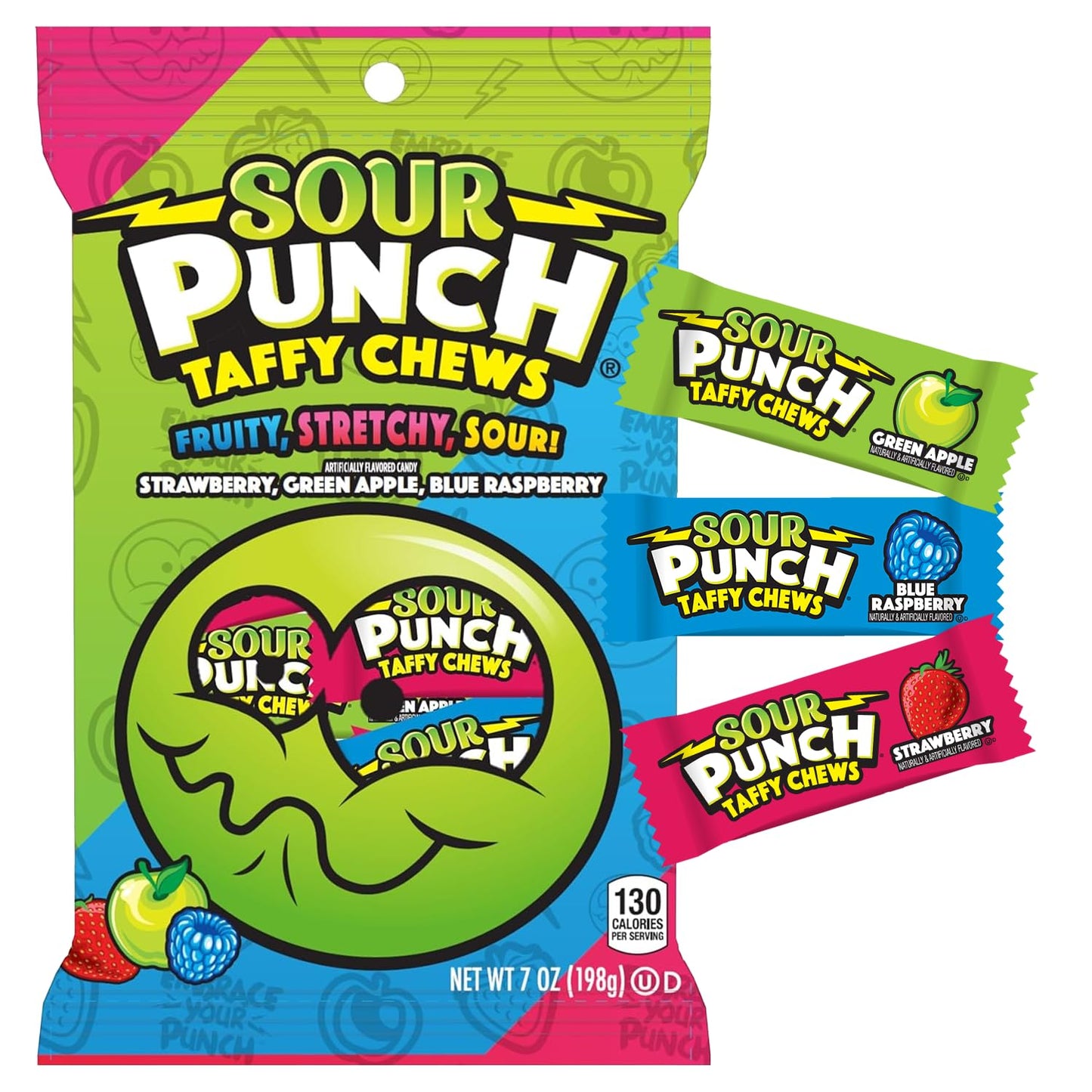 Sour Punch Taffy Candy Chews - 7 oz Bag (Pack of 1) - (Strawberry, Blue Raspberry, Green Apple) - Individually Wrapped Chewy Candy - Fun Sour Chewy