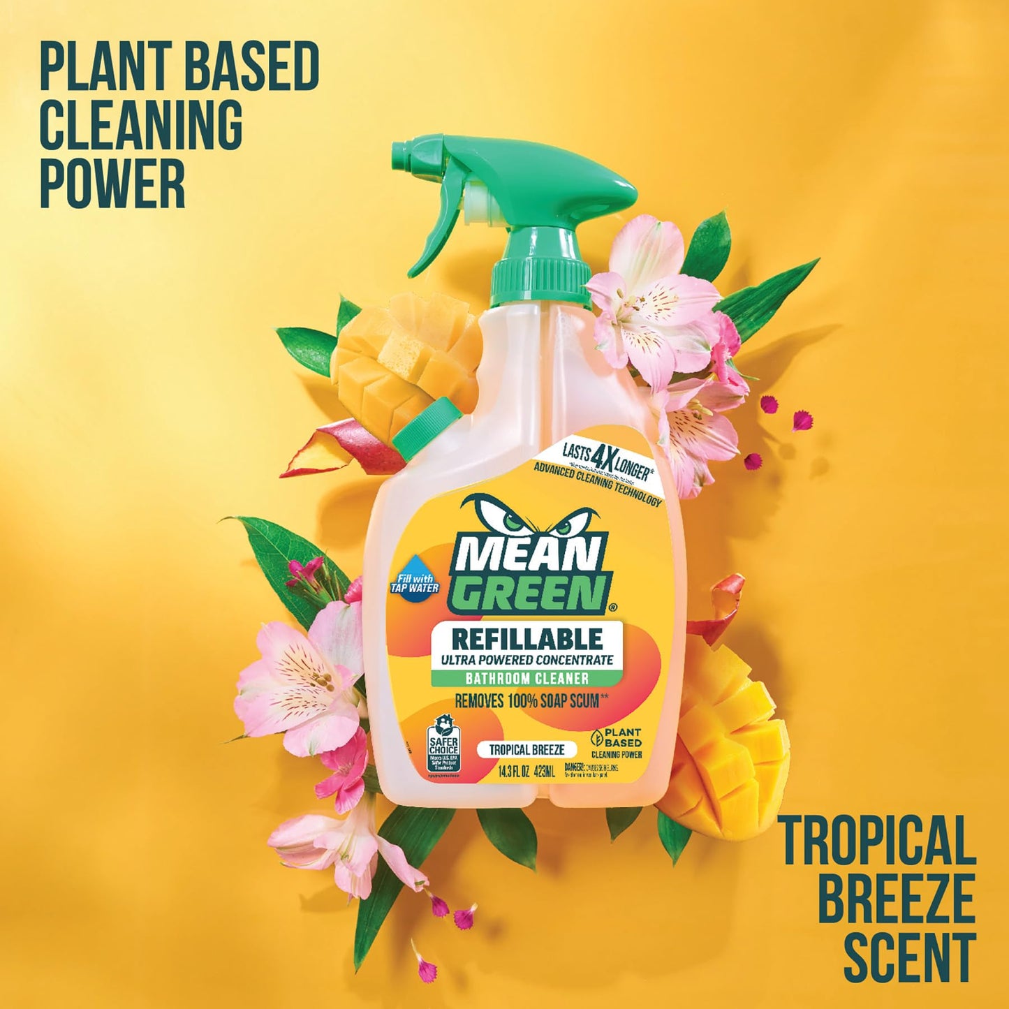 Mean Green Refillable Ultra Powered Bathroom Cleaner Concentrate, Tropical Breeze, 14.3 fl oz - Plant & Mineral Based, Removes 100% of Soap Scum