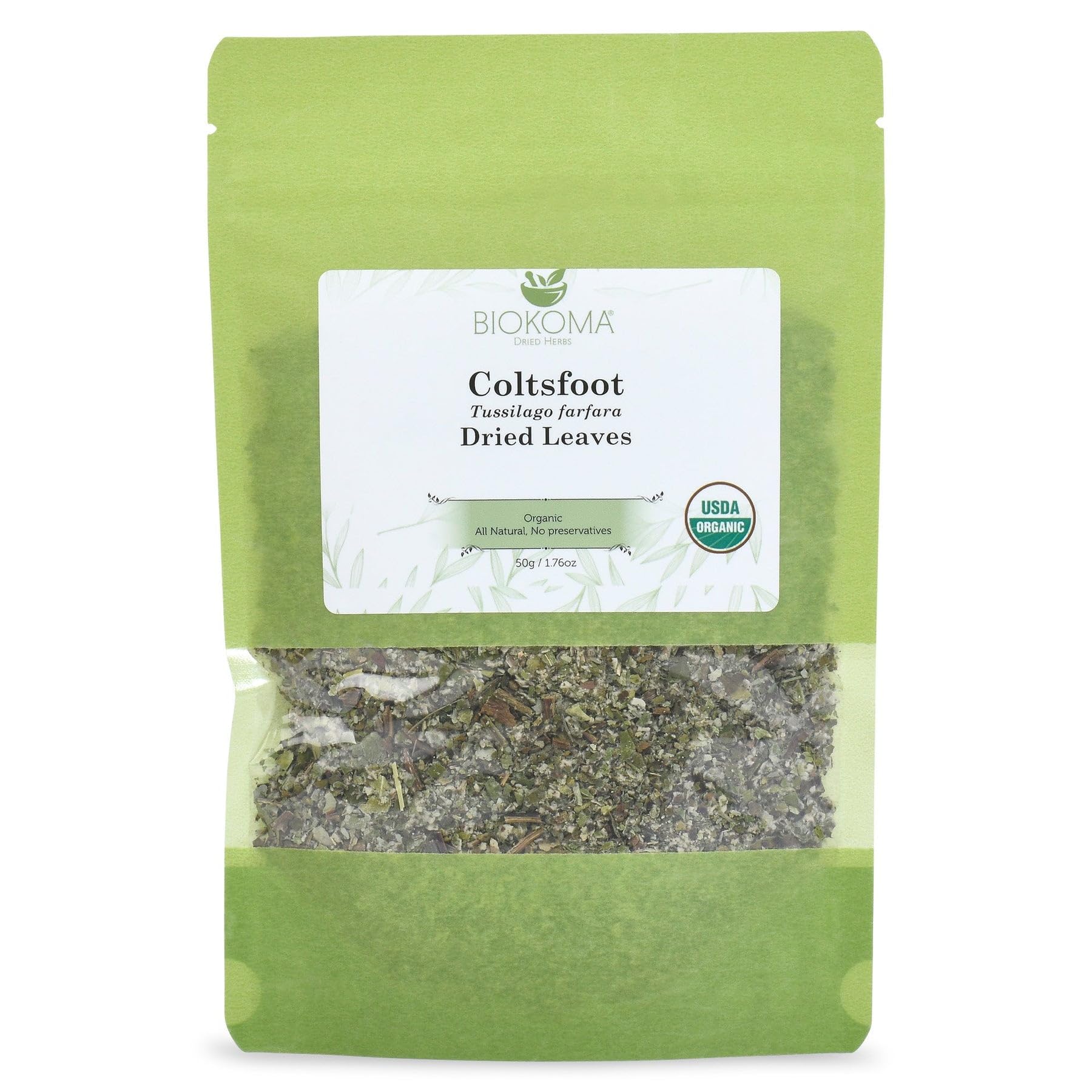 Biokoma Organic Coltsfoot Leaves 50g 1.76oz USDA Organic Tussilago farfara Dried Herb Cut & Sifted Respiratory Support Soothing Herbal Tea Resealable