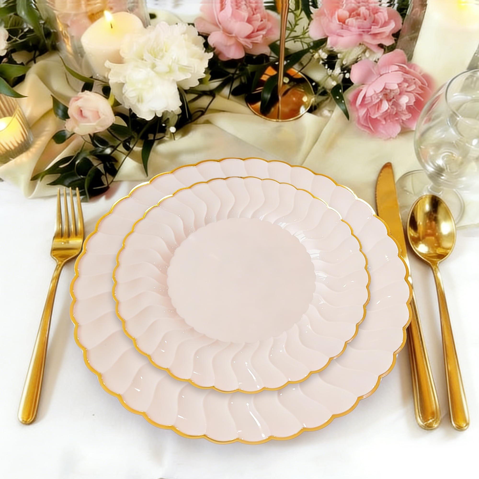 Pink Disposable Plates Plastic Set Of 125? Includes 25 Dinner and Dessert Plates, 75 Gold Cutlery for 25 Guests for Wedding Birthday Parties Baby
