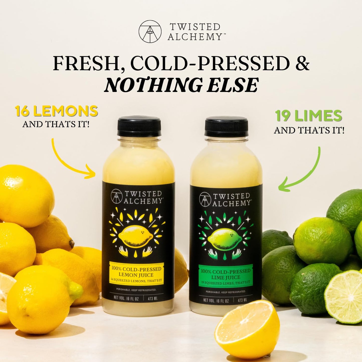 Twisted Alchemy Cold Pressed Eureka Lemon Juice - Hand Squeezed, All Natural, Non-GMO, No Sugar Added, Preservative Free - 16 oz Bottle for Craft