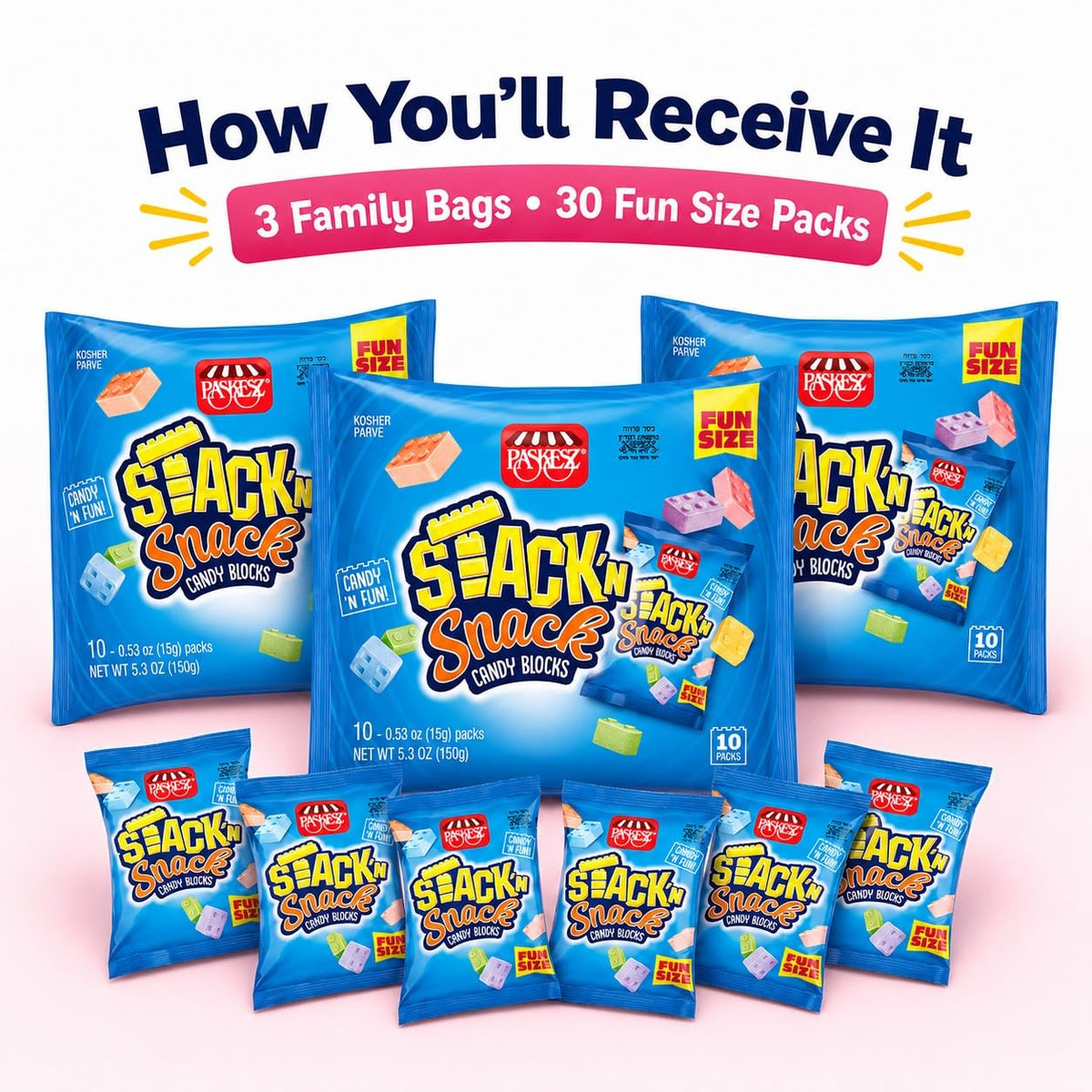 DOUzzle Kosher, Stack 'n Snack Candy Blocks, Edible Bricks, Building Blox, Construction Cake Toppers, (30 Pack), Individually Wrapped Treats, Birthday