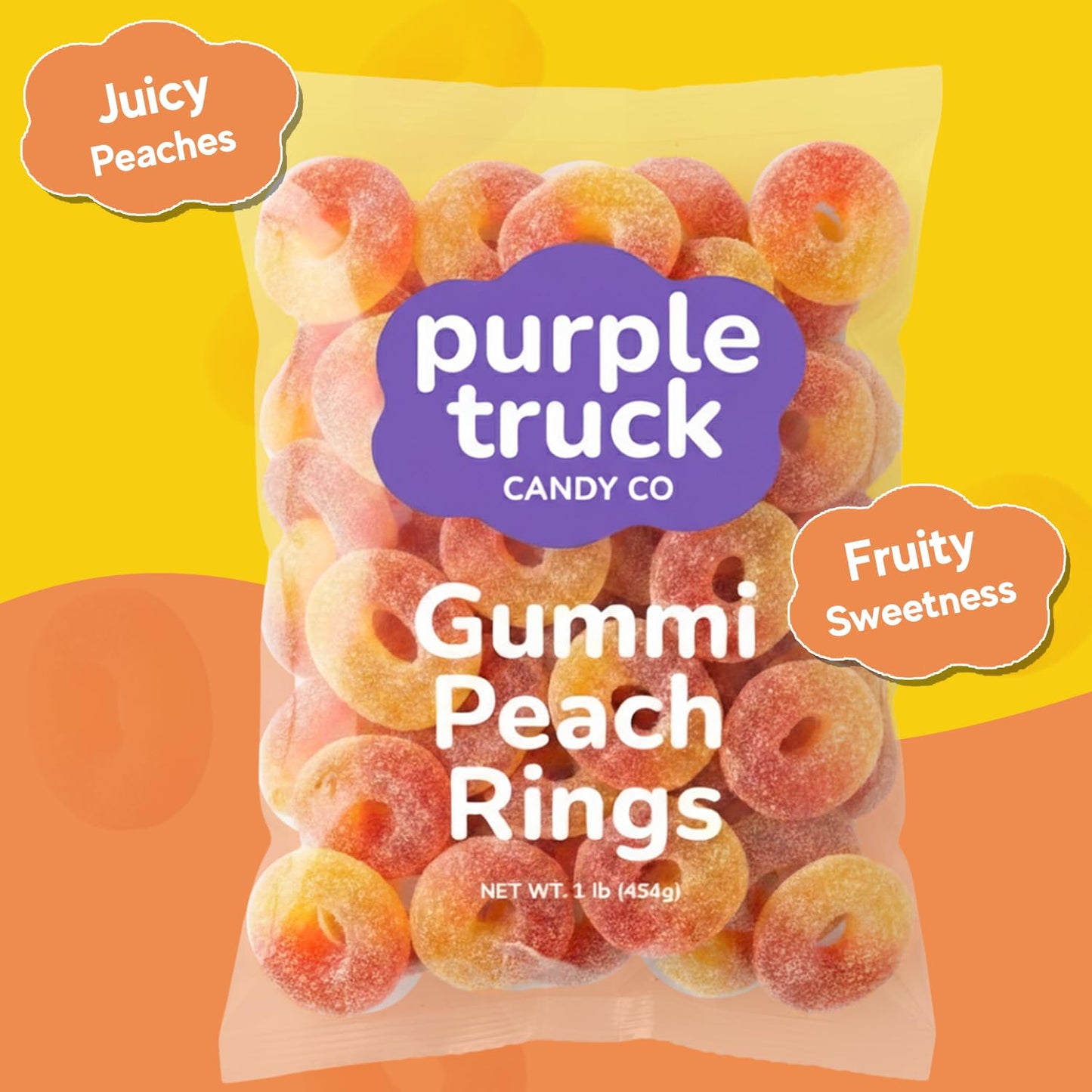 Purple Truck Candy Co. Peach Rings - Soft Chewy Gummy Candy with Delicious Peach Flavor - Allergen-Free Fruit Gummies - Perfect for Parties, Gift