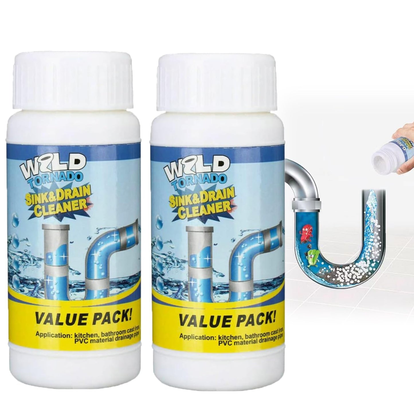 Wild Tornado Powerful Sink & Drain Cleaner Powder - Quick Foaming Super Cleaning Agent for Kitchen, Bathroom & Toilet Pipes (2pcs)