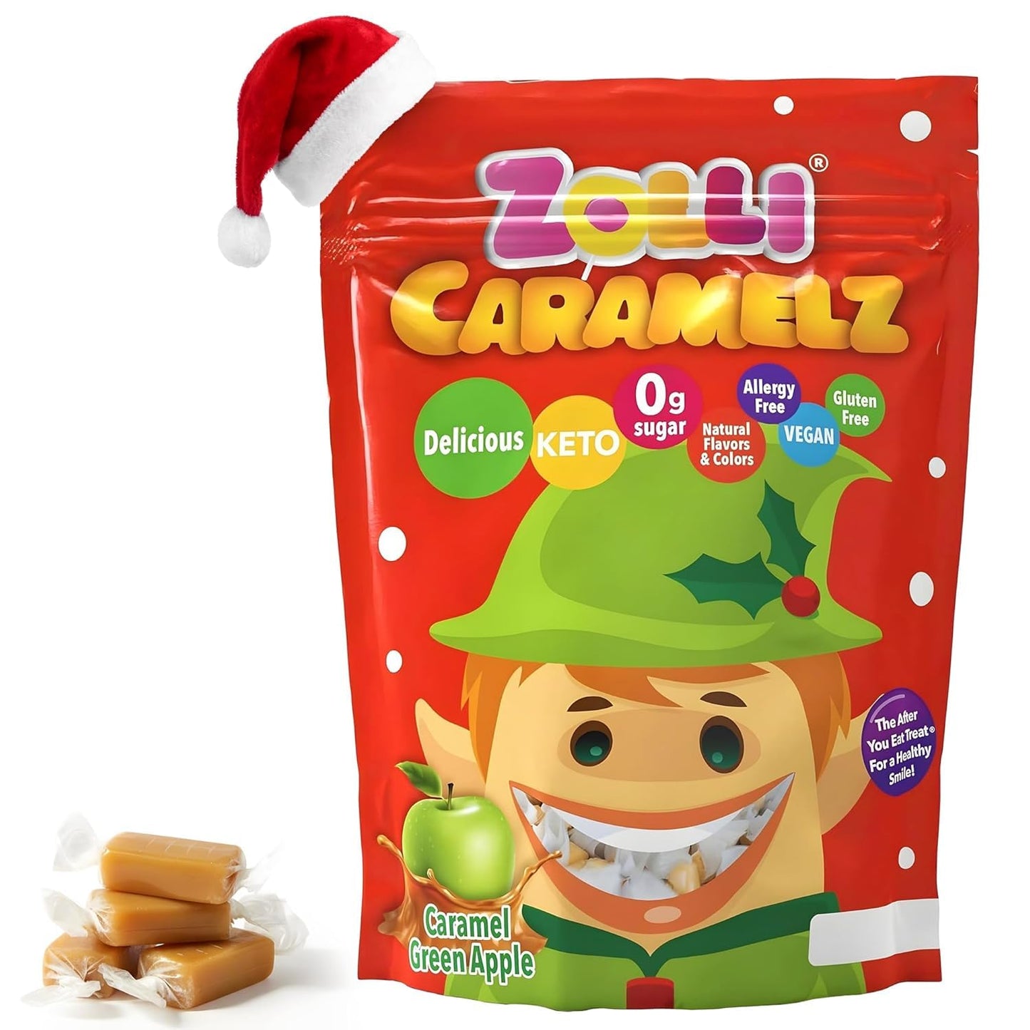 Zolli Caramelz Sugar-Free Candy - Creamy, Chewy, Dye-Free, Keto & Diabetic-Friendly Healthy Candy, Dentist-Approved Treats for Kids (Caramel Green