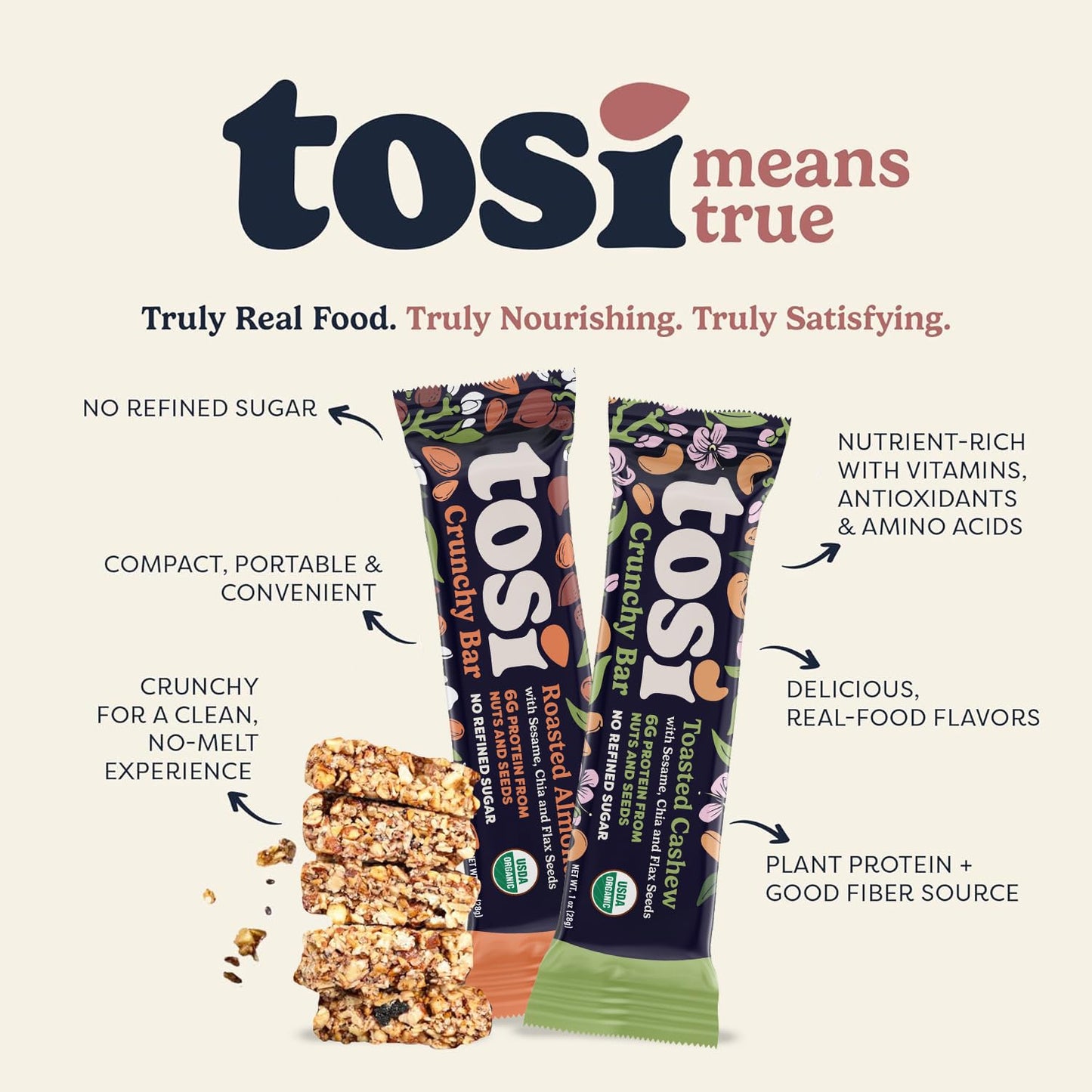 Tosi Almond and Cashew Protein Bars Combo, Plant Based with Nuts, Gluten-Free Crunchy Snacks, Vegan, Organic, Flax & Chia Seeds, Soy-Free, Omega 3s