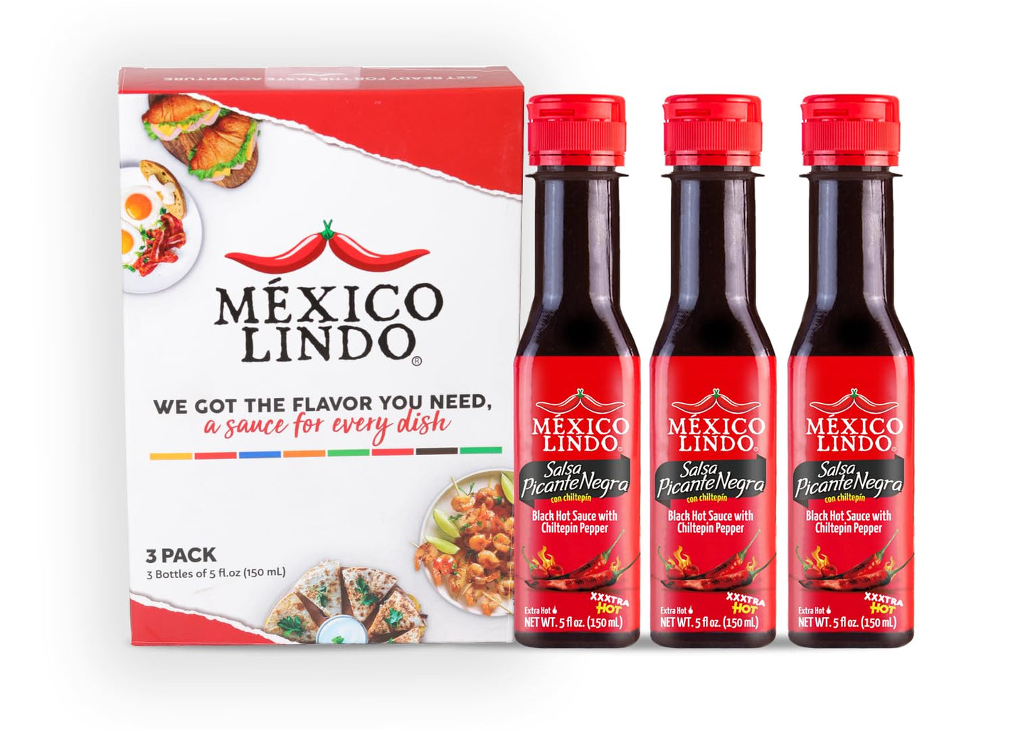 Mexico Lindo Picante Negra Xxxtra Hot Sauce | Scoville Unit Level 80,000 | Sugar Free | 5 Fl Oz Bottles (Pack of 3)