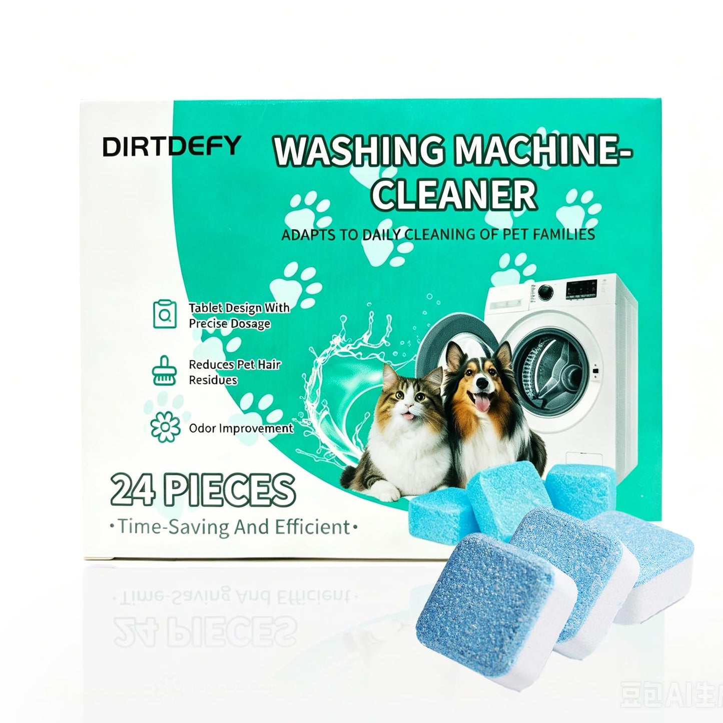 DIRTDEFY Washing Machine Cleaner Tablets, Deep Descaler Removes Pet Hair, Urine, Odor & Residue, 24 Septic-Safe Tablets for Top Load, Front Load & HE