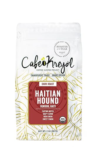 Cafe Kreyol Organic Haitian Hound | 2 lb - Haitian Blue Dark Roast Coffee - Whole Bean Coffee, is Smooth Low Acid and Bold, Deep Notes of Chocolate