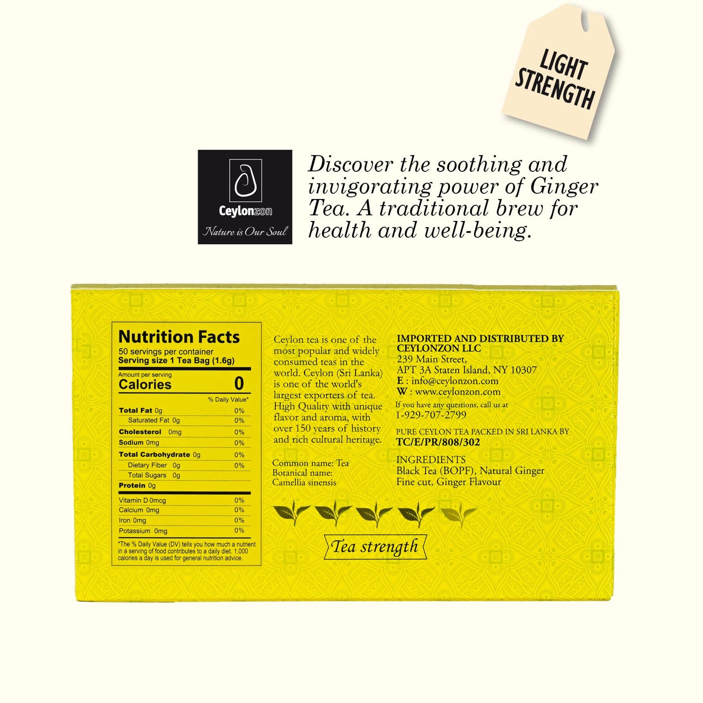 Ceylonzon Ginger Tea Bags, Classic Taste 50 Individually Foil-Wrapped, For a Fresh Flavorful, Spicy Experience with Ginger Natural Tea 80g