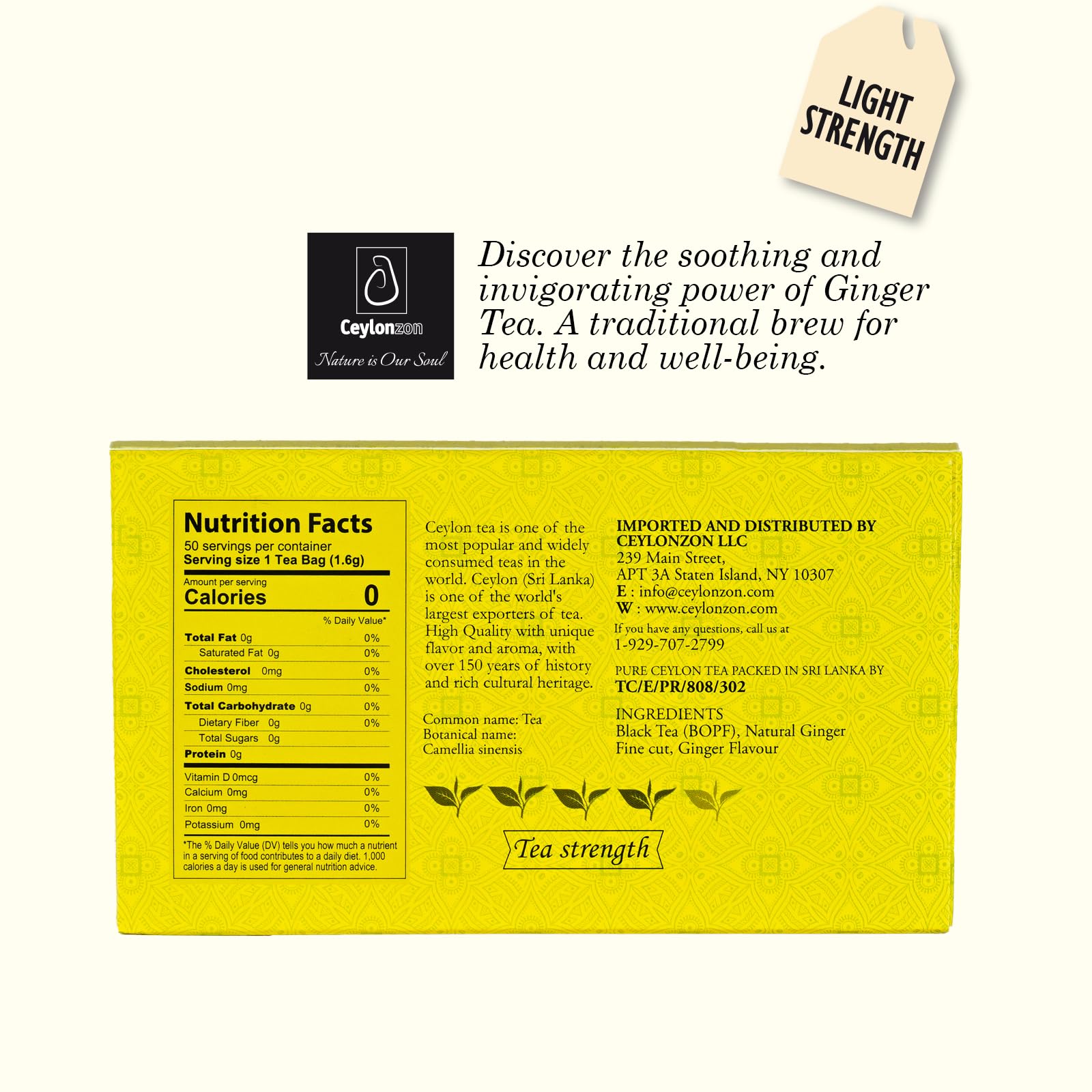 Ceylonzon Ginger Tea Bags, Classic Taste 50 Individually Foil-Wrapped, For a Fresh Flavorful, Spicy Experience with Ginger Natural Tea 80g