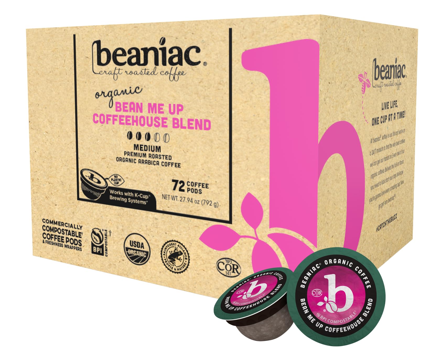 beaniac Organic Bean Me Up Coffeehouse Blend, Medium Roast, Single Serve Compostable K Cup Coffee Pods, Organic Arabica Coffee, Keurig Brewer