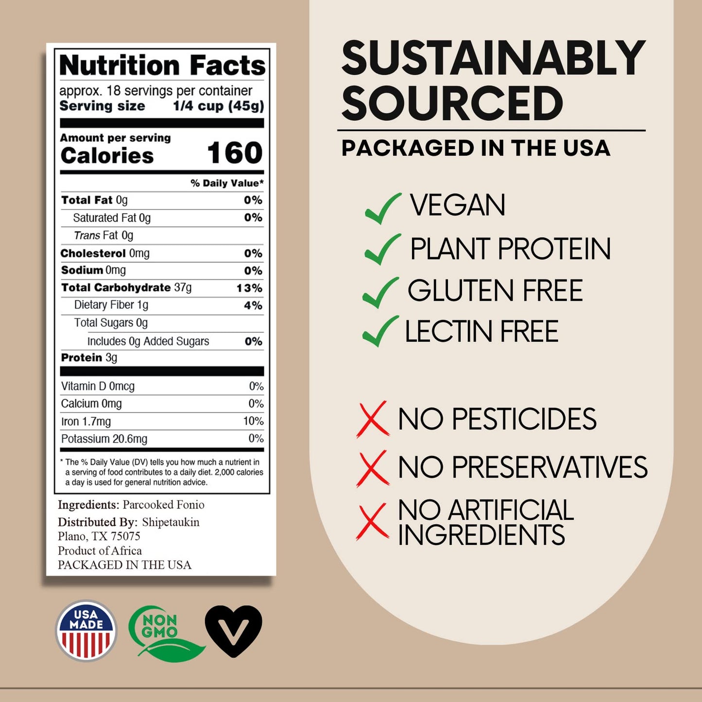Shipetaukin Quick Fonio African Supergrain - Gluten Free - Vegan - Non GMO - Substitute for Couscous, Quinoa, Rice (28 Ounces)