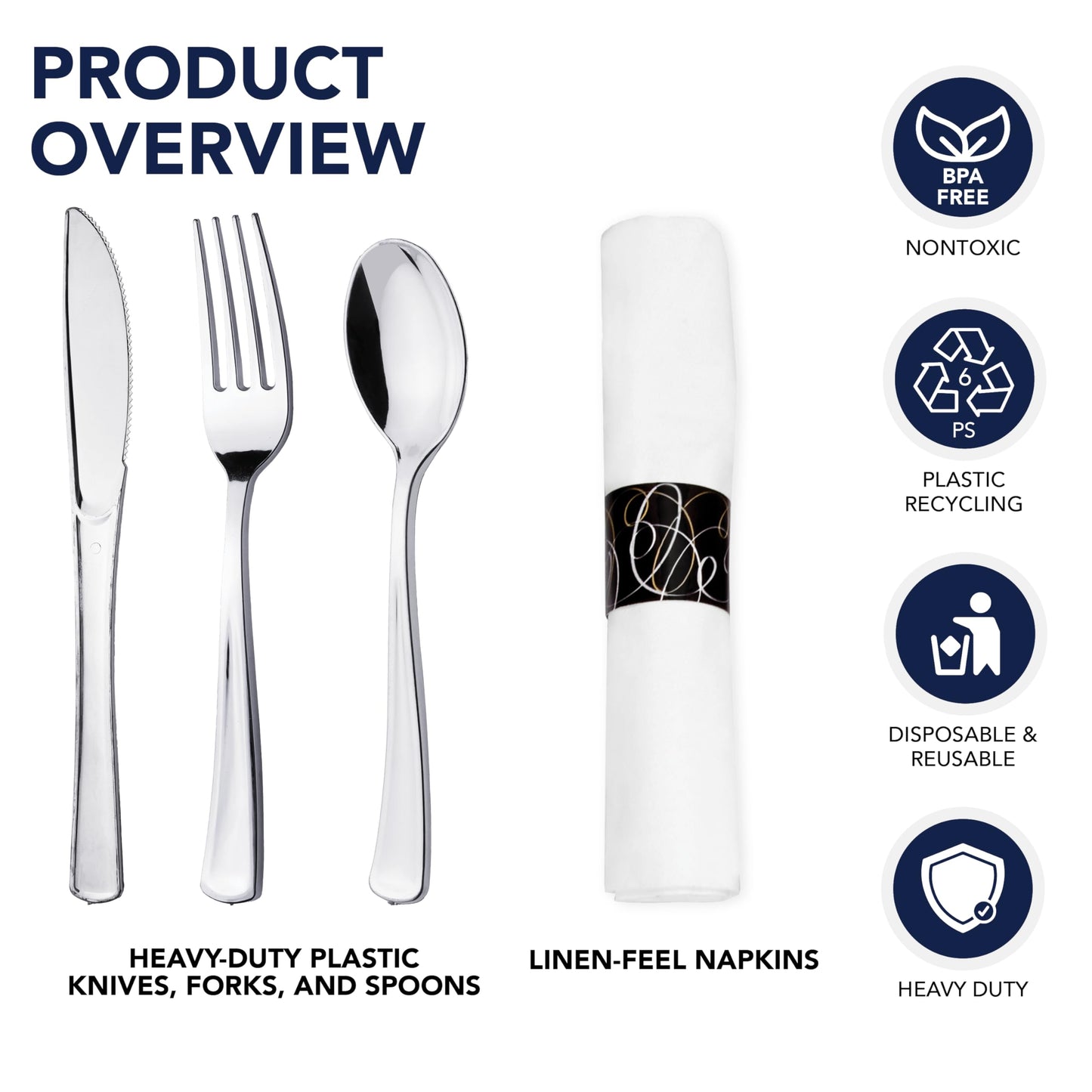 Party Essentials Party Supplies Wrapped Silverware Set Disposable, Pre Rolled Napkin and Cutlery, Spoons/Forks/Knives Silver, 50 Units