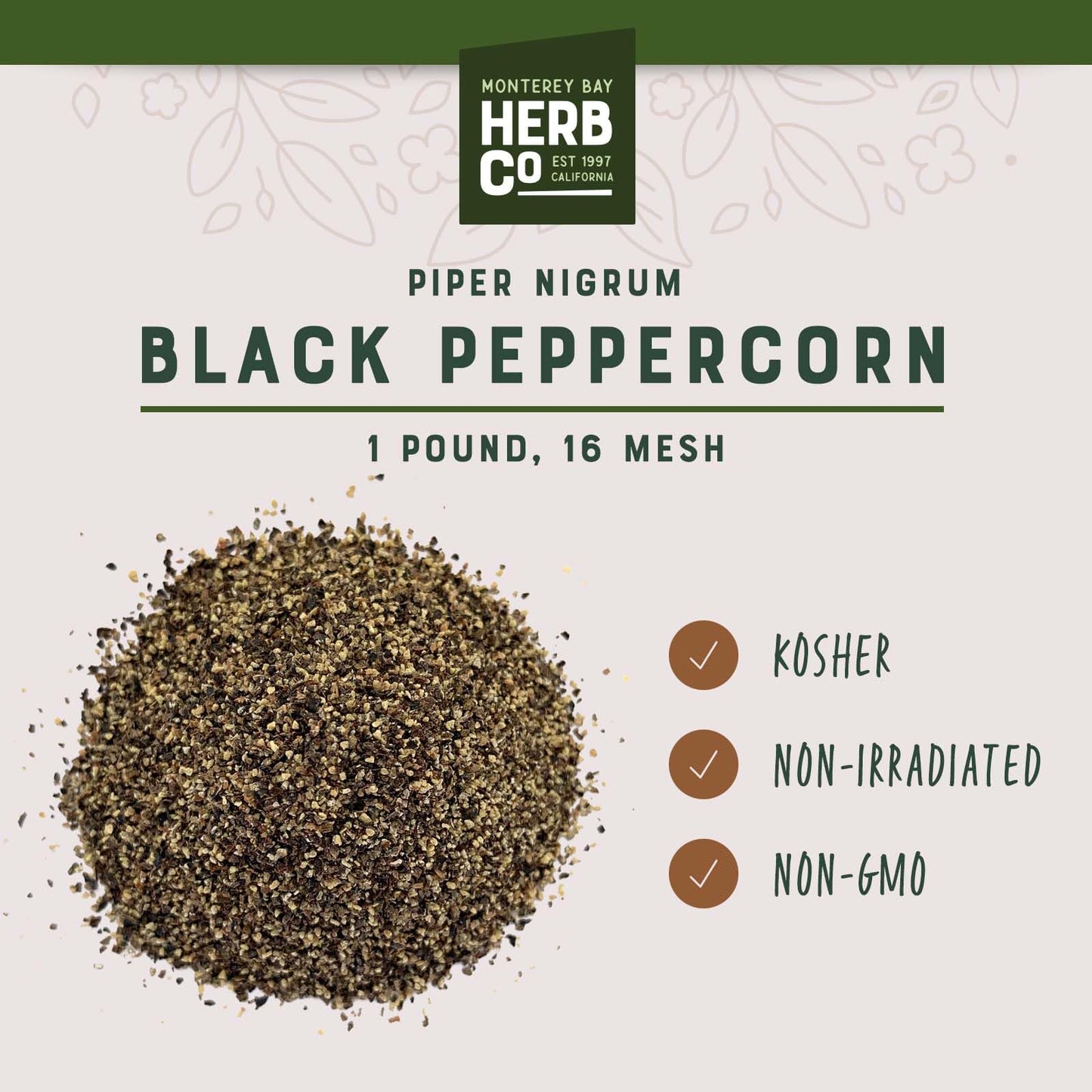 Black Peppercorn 16 Mesh, by Herb Co, Piper Nigrum Coarse Ground, From Indonesia, Kosher, Table Grind for Steaks, Rubs, Sauces, Soups & Everyday