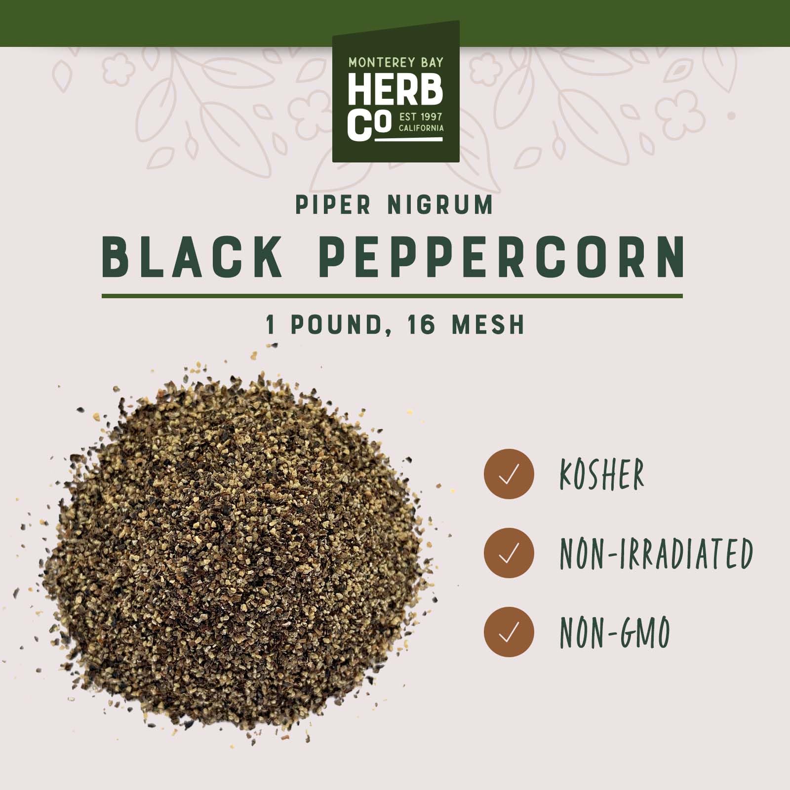 Black Peppercorn 16 Mesh, by Herb Co, Piper Nigrum Coarse Ground, From Indonesia, Kosher, Table Grind for Steaks, Rubs, Sauces, Soups & Everyday