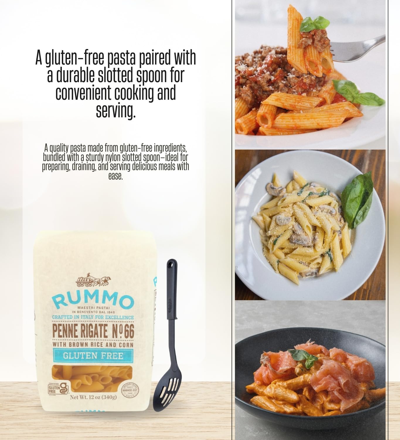 Penne Pasta - 7x Pasta Penne Rigate, 12oz Bundle with 1x Slotted Spoon - Gluten Italian-pasta with sauce-holding texture and non-stick safe utensil
