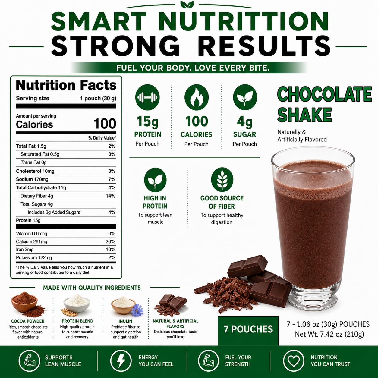 Nutmeg State Nutrition - High Protein Shake Mix, 15g Protein, 100 Calories, 4g Sugar, Low Fat, Keto Friendly, 7 Packets Per Box (1 Box, Chocolate)