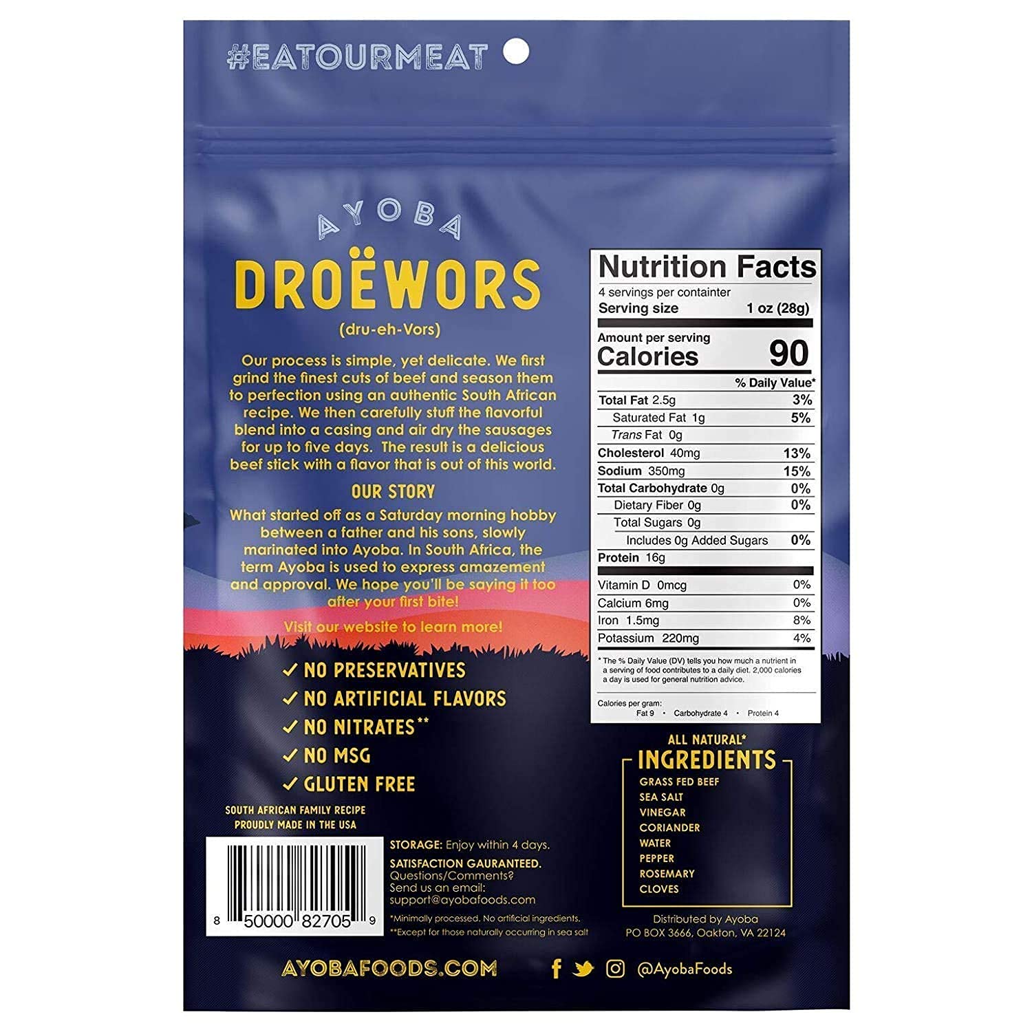 Ayoba Traditional Droewors Grass Fed Beef Paleo Sticks (2 Ounce, Pack of 1) - Keto Friendly, Air-Dried Beef Protein Snacks - Low Carb, Gluten Free