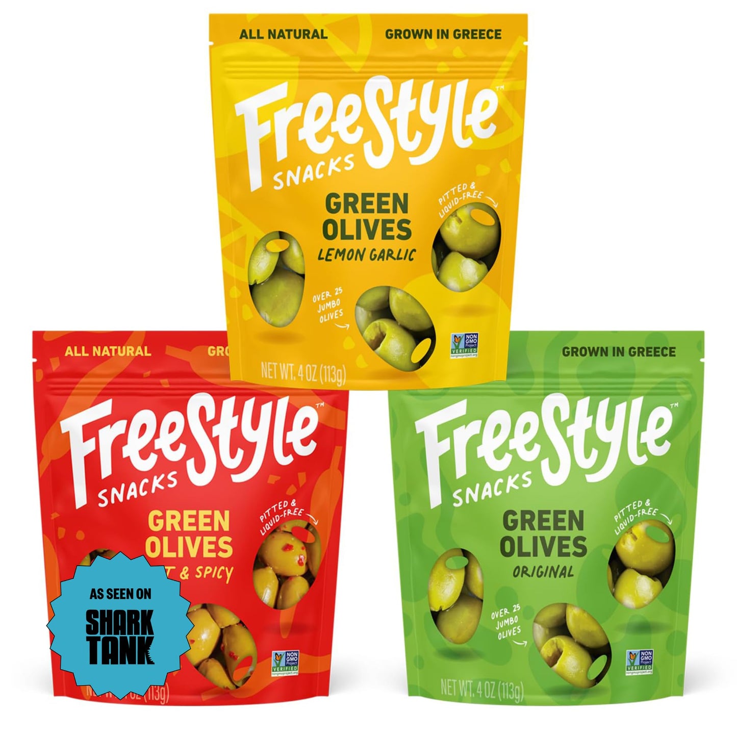 Freestyle Snacks Olive Snack Packs - As Seen on Shark Tank - Fresh Pitted Green Olives, 3 Flavors, Grown in Greece, Salty Snack, All Natural, Non-GMO