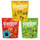 Freestyle Snacks Olive Snack Packs - As Seen on Shark Tank - Fresh Pitted Green Olives, 3 Flavors, Grown in Greece, Salty Snack, All Natural, Non-GMO
