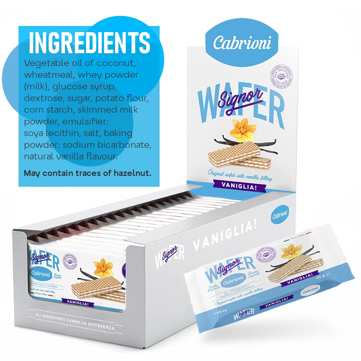 Cabrioni Italian Vanilla Signor Wafer - Delicious Wafer Sticks with No Palm Oil - Italian Cookies Made with Natural Ingredients for a Light, Crunchy