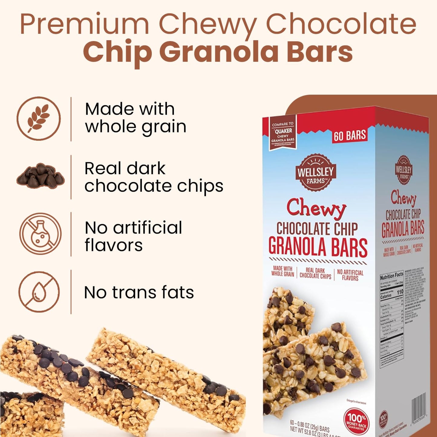 Wellsley Farms Chewy Chocolate Chip Granola Bars - No High-Fructose Corn Syrup - Vegetarian - Whole Grain Granola Bars - 110 Calories Per Bar
