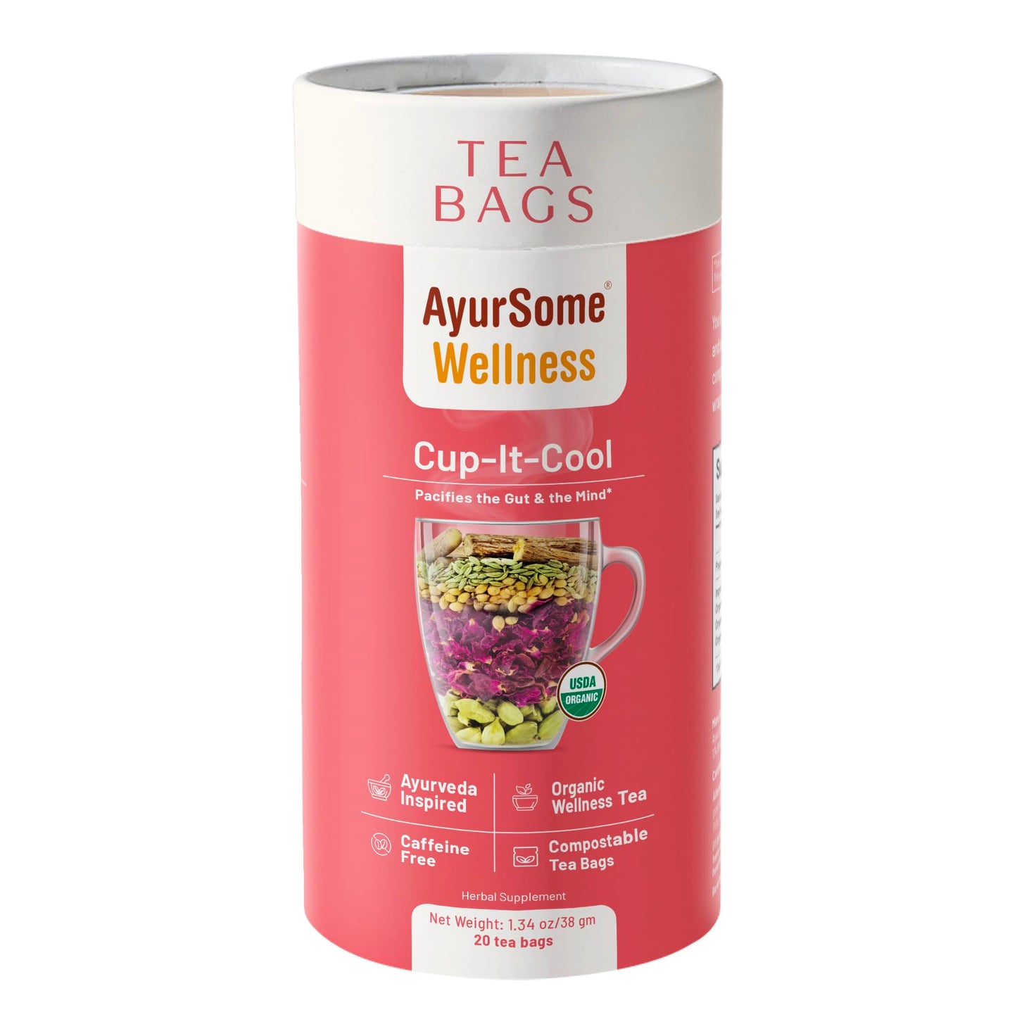 Cup It Cool | Organic Herbal Tea with Rose, Fennel, Coriander seeds, Cardamom, Licorice Root | Compostable, No Micro Plastics Tea bags | Caffeine Free