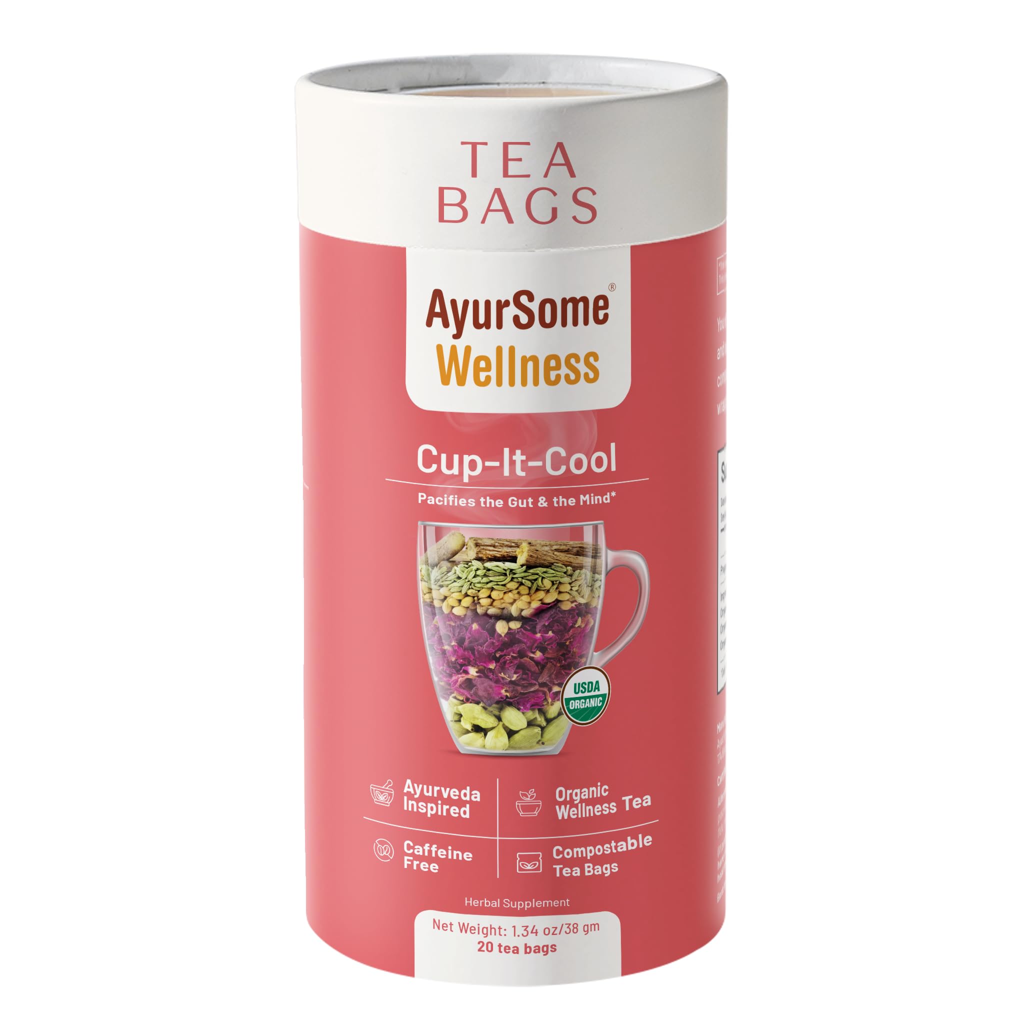 Cup It Cool | Organic Herbal Tea with Rose, Fennel, Coriander seeds, Cardamom, Licorice Root | Compostable, No Micro Plastics Tea bags | Caffeine Free