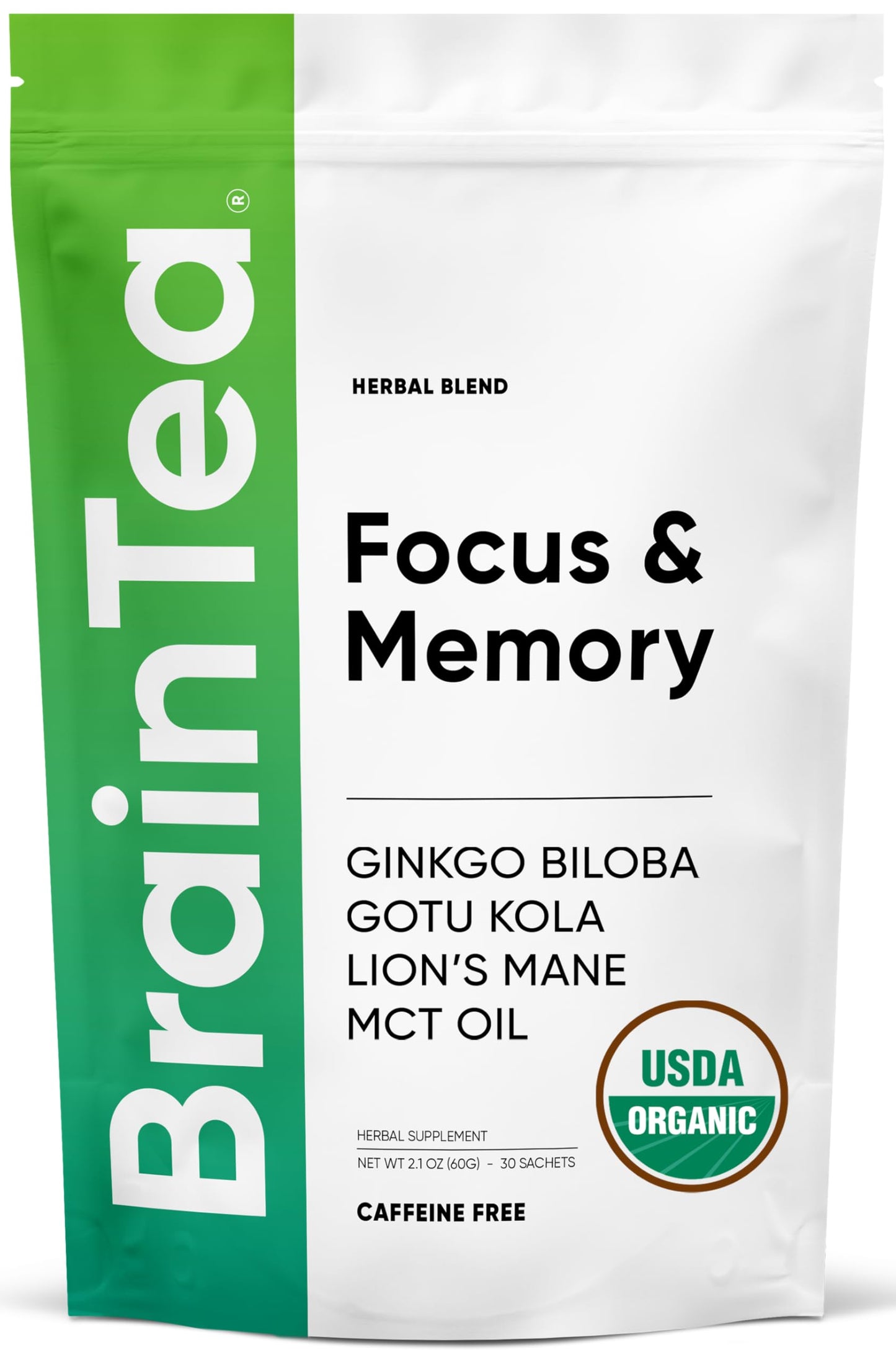 Brain Tea Focus & Memory - Brain Tea Organic Certified 4-in-1 Nootropic Herbal Supplement with Ginkgo Biloba, Gotu Kola, Lion’s Mane Mushroom, MCT