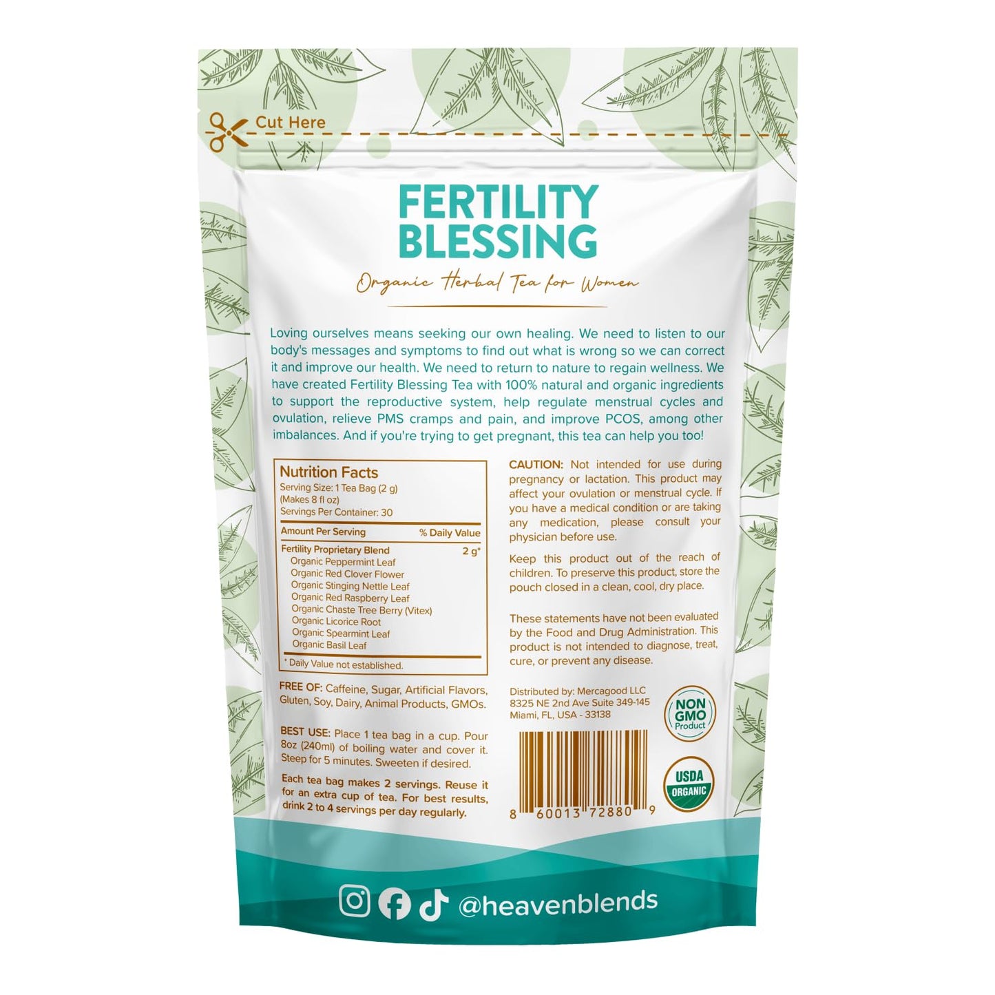 Heaven Blends Fertility Blessing Tea for Women - USDA Organic - Red Raspberry Leaf, Peppermint, Chaste Tree Berry (Vitex), Red Clover, Nettle