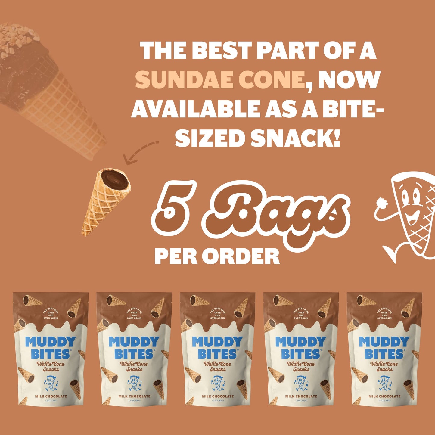 Muddy Bites Waffle Cone Snacks Bite Sized Chocolate Filled Waffle Cones for Snack or Dessert, Ice Cream Topping, made with Pure Cane Sugar, Kosher